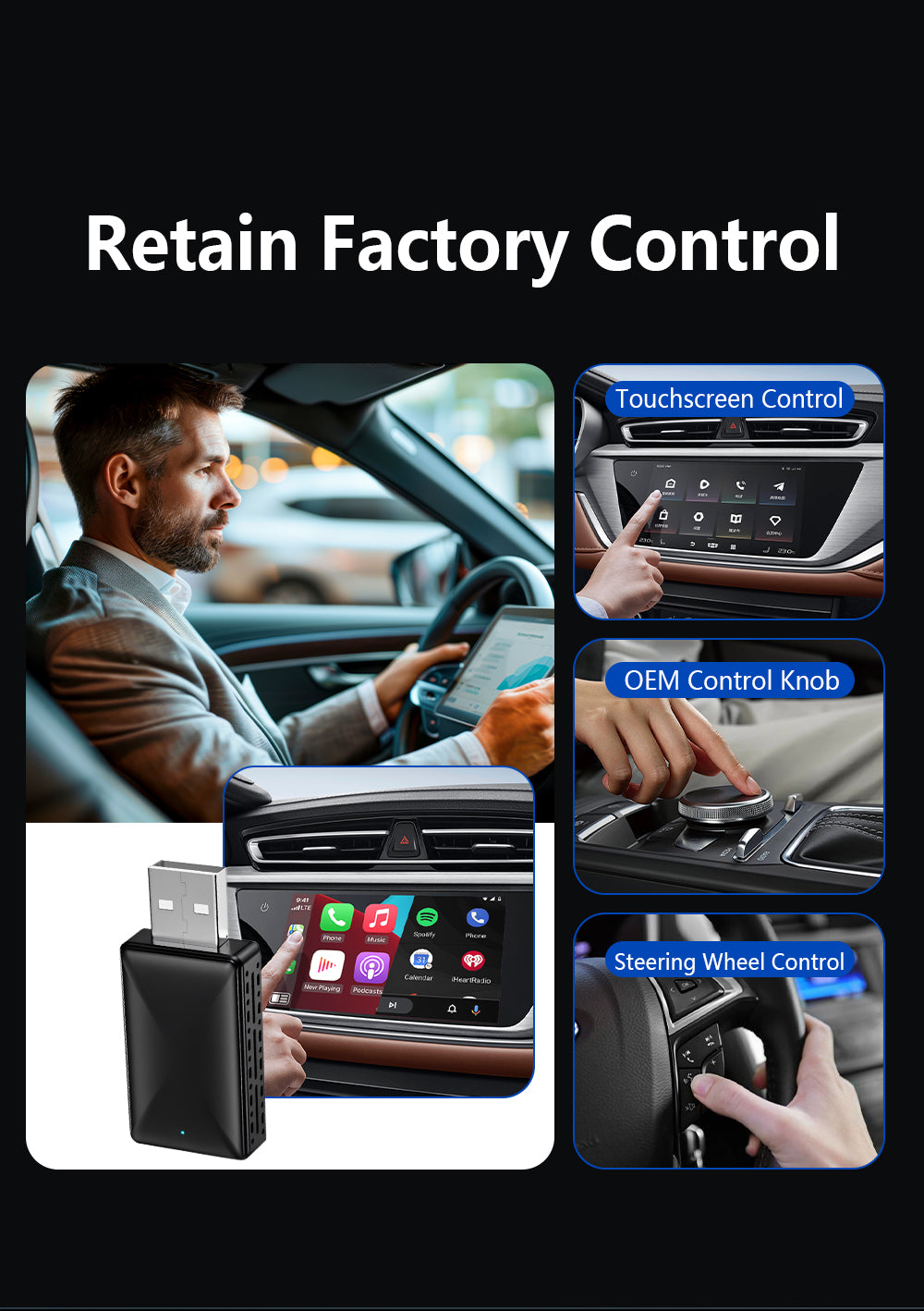 Classic Design 2-in-1 Wireless CarPlay Adapter, Stable Compatibility, Suitable for Apple and Android Car Infotainment Systems.