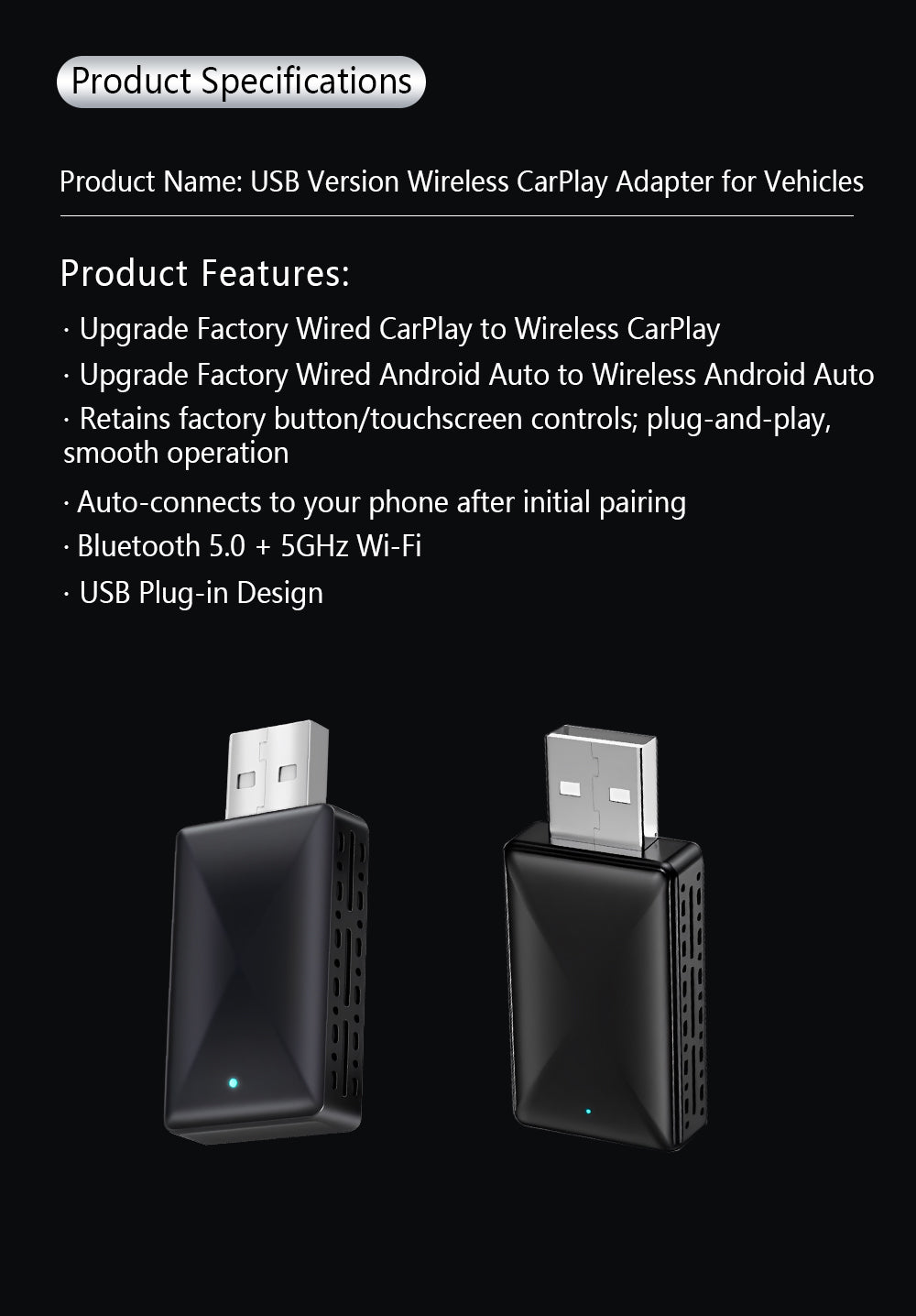 Classic Design 2-in-1 Wireless CarPlay Adapter, Stable Compatibility, Suitable for Apple and Android Car Infotainment Systems.