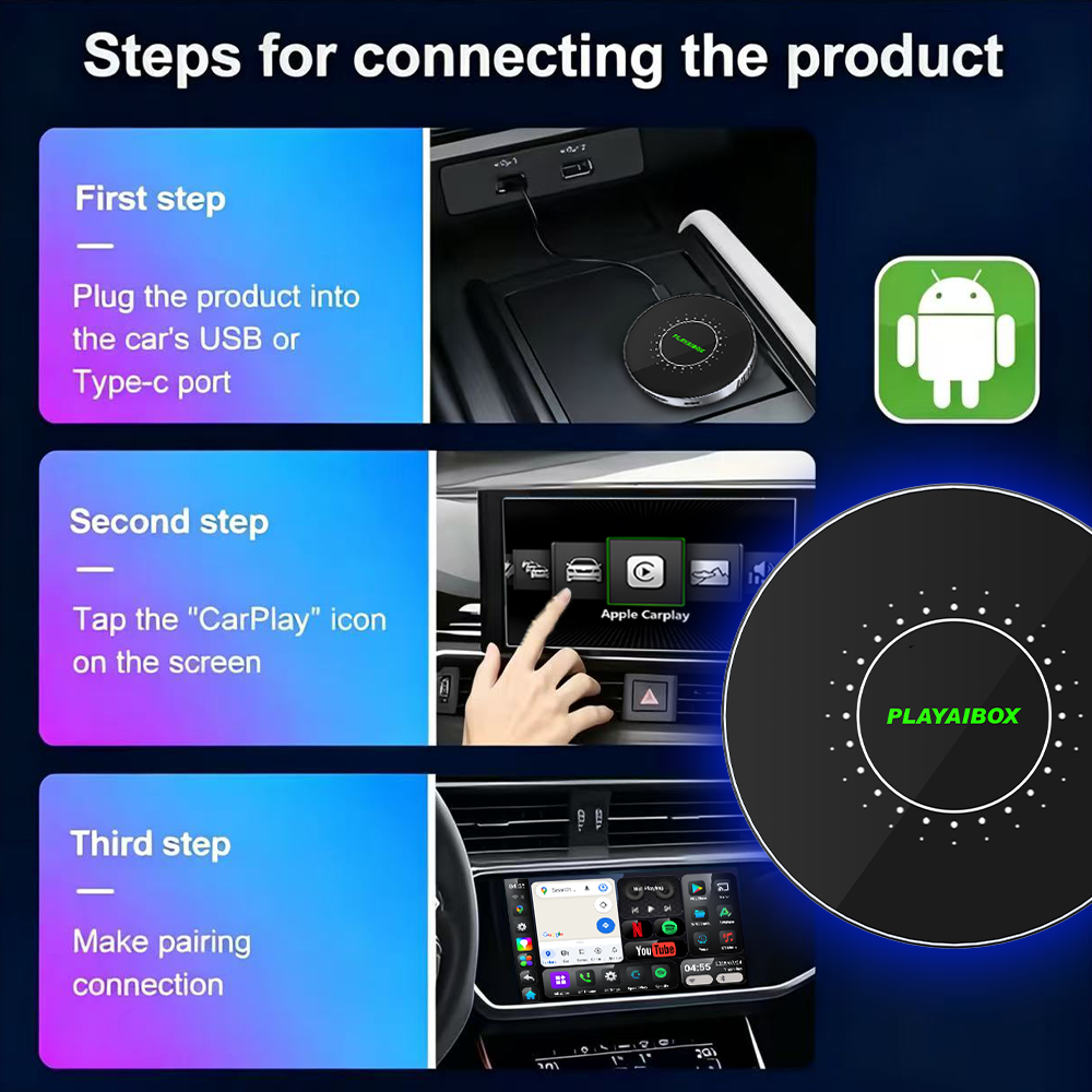 PlayAiBox Android 15 System Wireless CarPlay Ai Box 4GB+64GB Built-in Gps for Youtube Netflix for OEM Car With Wired Carplay