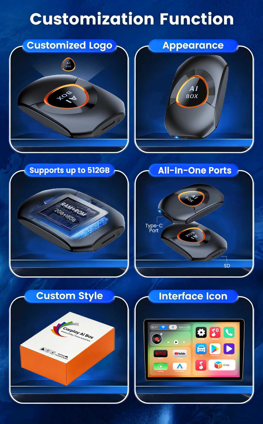 Wireless CarPlay Adapter. Built-in Android 15 System for Android Boxes. 2G + 16GB, Plug and Play, Can Download Any Application.