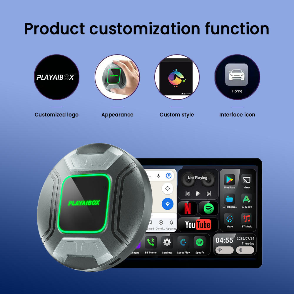 PlayAiBox Android 15 System Wireless Carplay AI Box Qualcomm 6225 for YouTube Netflix 4GB+64GB Built in GPS for OEM CarPlay Cars