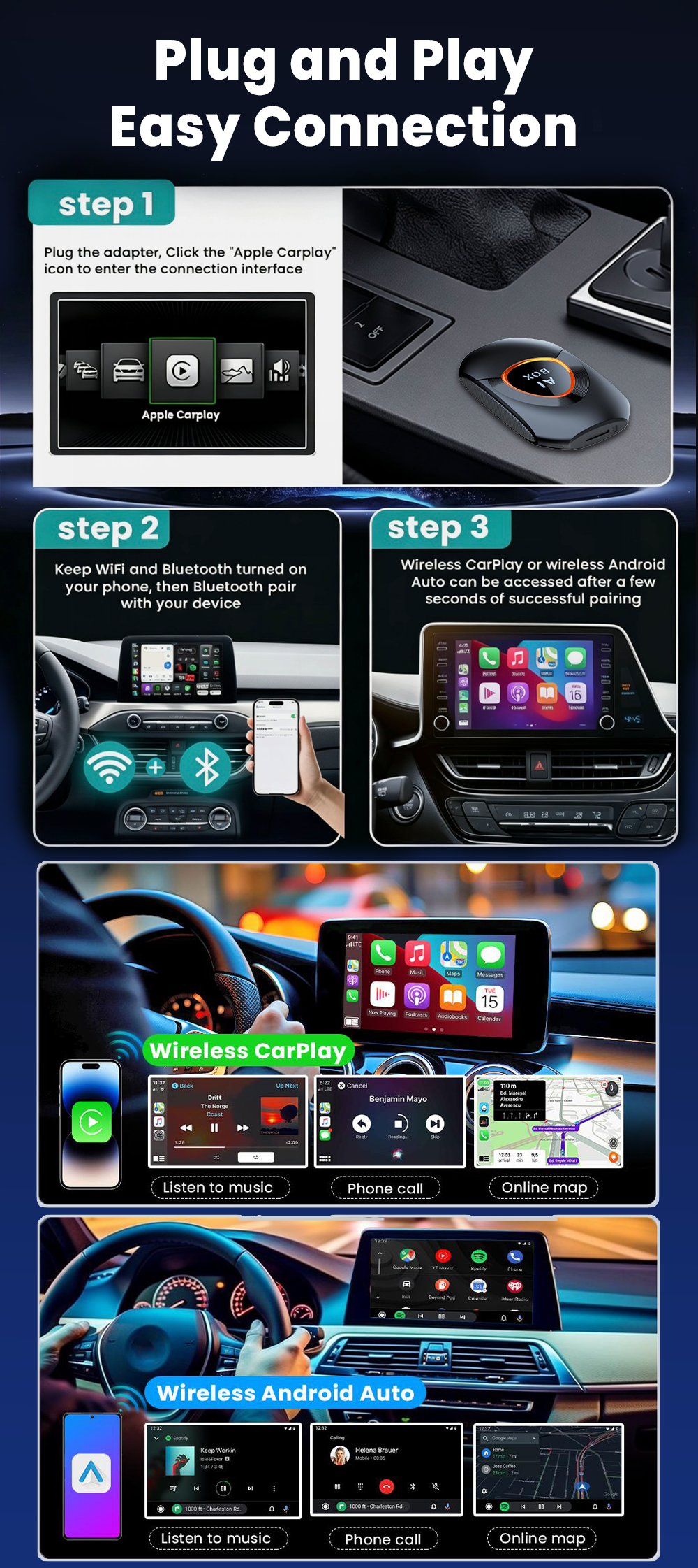 Wireless CarPlay Adapter. Built-in Android 15 System for Android Boxes. 2G + 16GB, Plug and Play, Can Download Any Application.