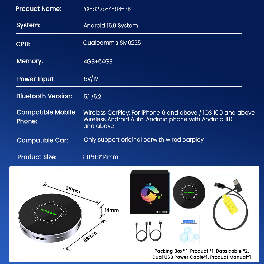 PlayAiBox Android 15 System Wireless CarPlay Ai Box 4GB+64GB Built-in Gps for Youtube Netflix for OEM Car With Wired Carplay