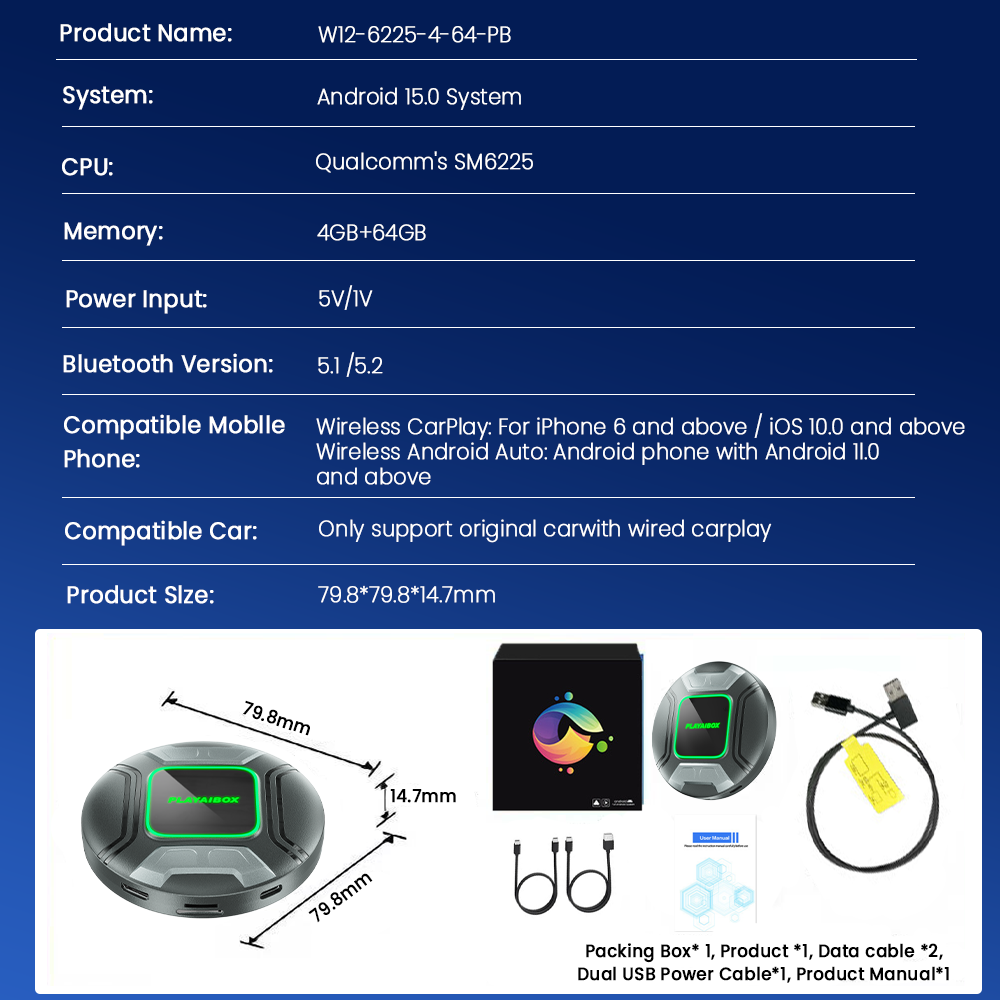 PlayAiBox Android 15 System Wireless Carplay AI Box Qualcomm 6225 for YouTube Netflix 4GB+64GB Built in GPS for OEM CarPlay Cars