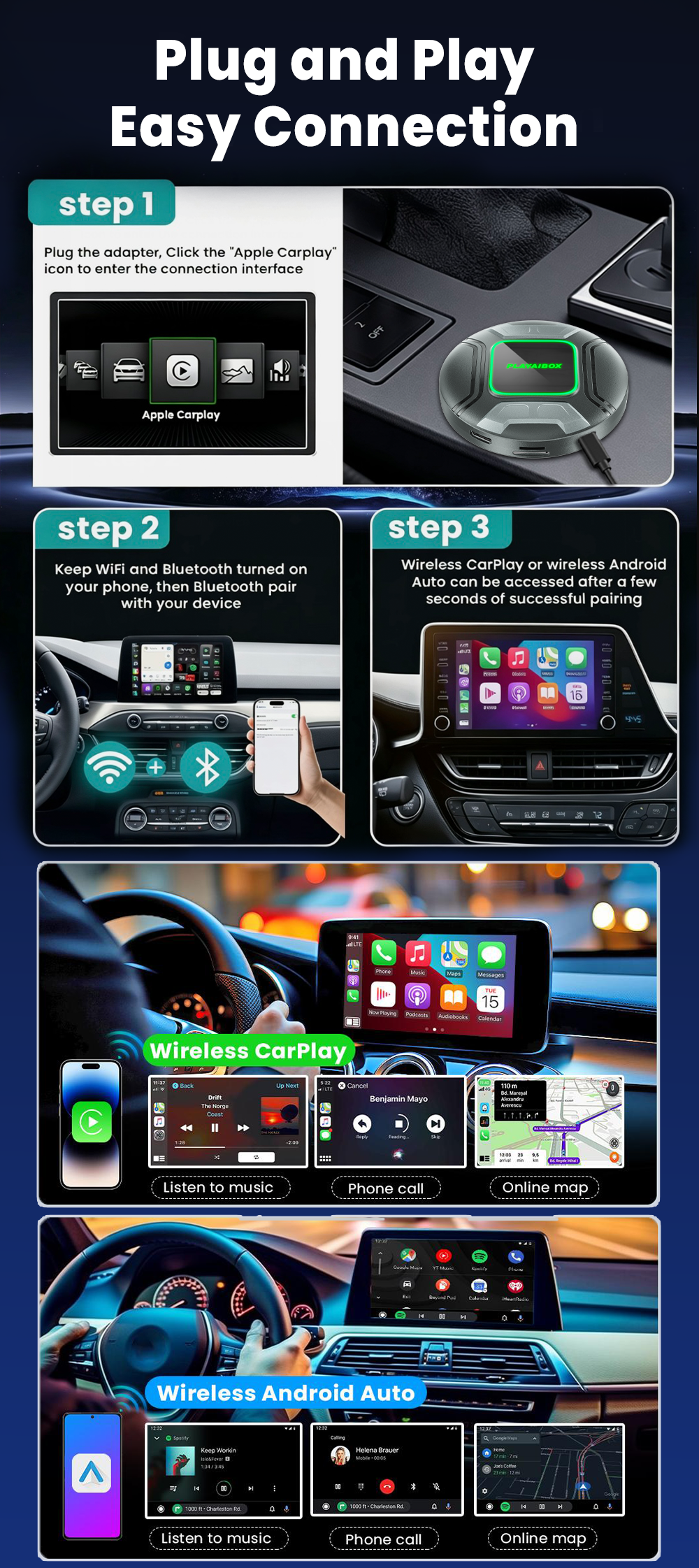 PlayAiBox Android 15 System Wireless Carplay AI Box Qualcomm 6225 for YouTube Netflix 4GB+64GB Built in GPS for OEM CarPlay Cars