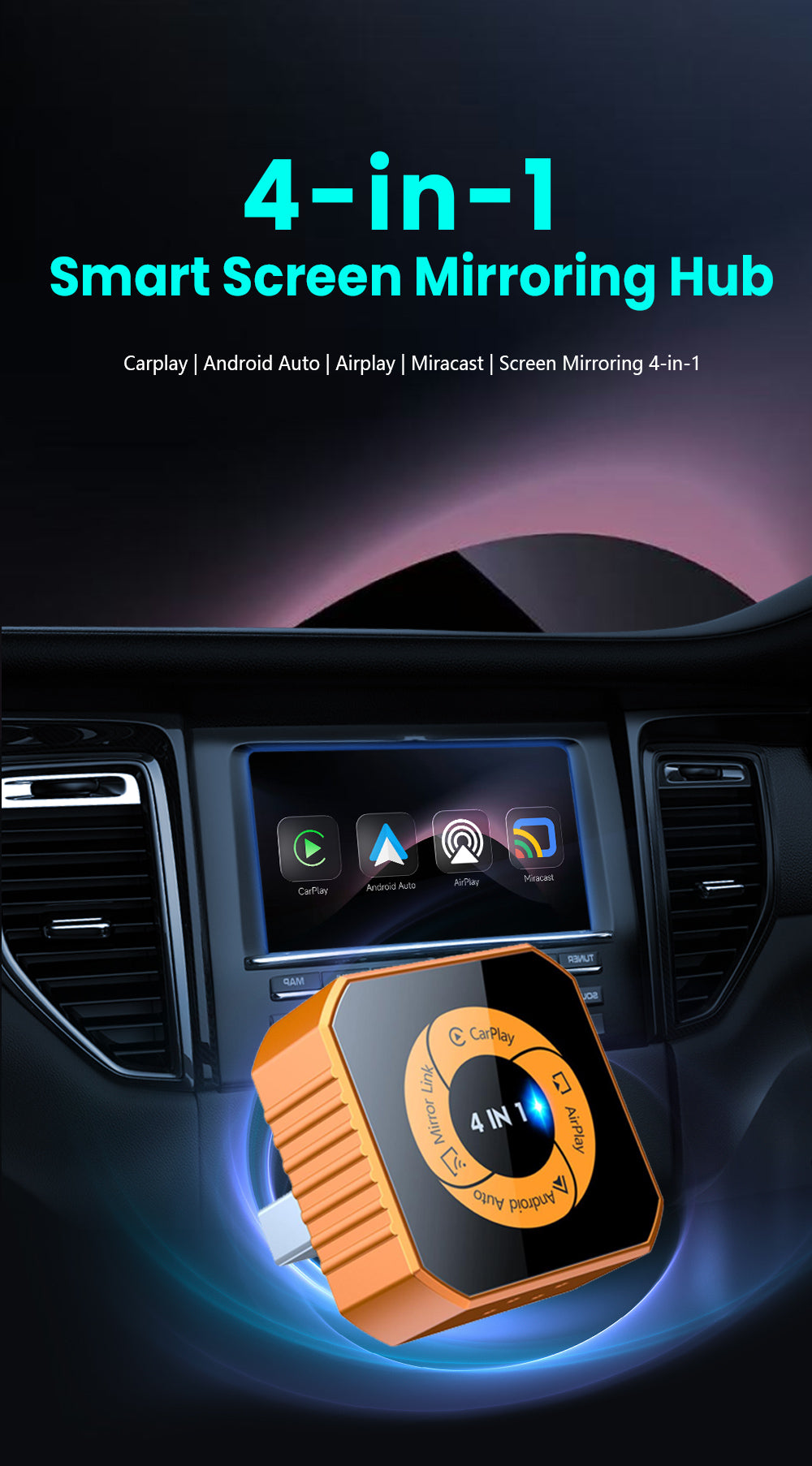 4-in-1 Wireless CarPlay Dongle, Plug and Play, Supports Video Playback Via CarPlay/Android Auto/Android Mirror/Apple Mirror.