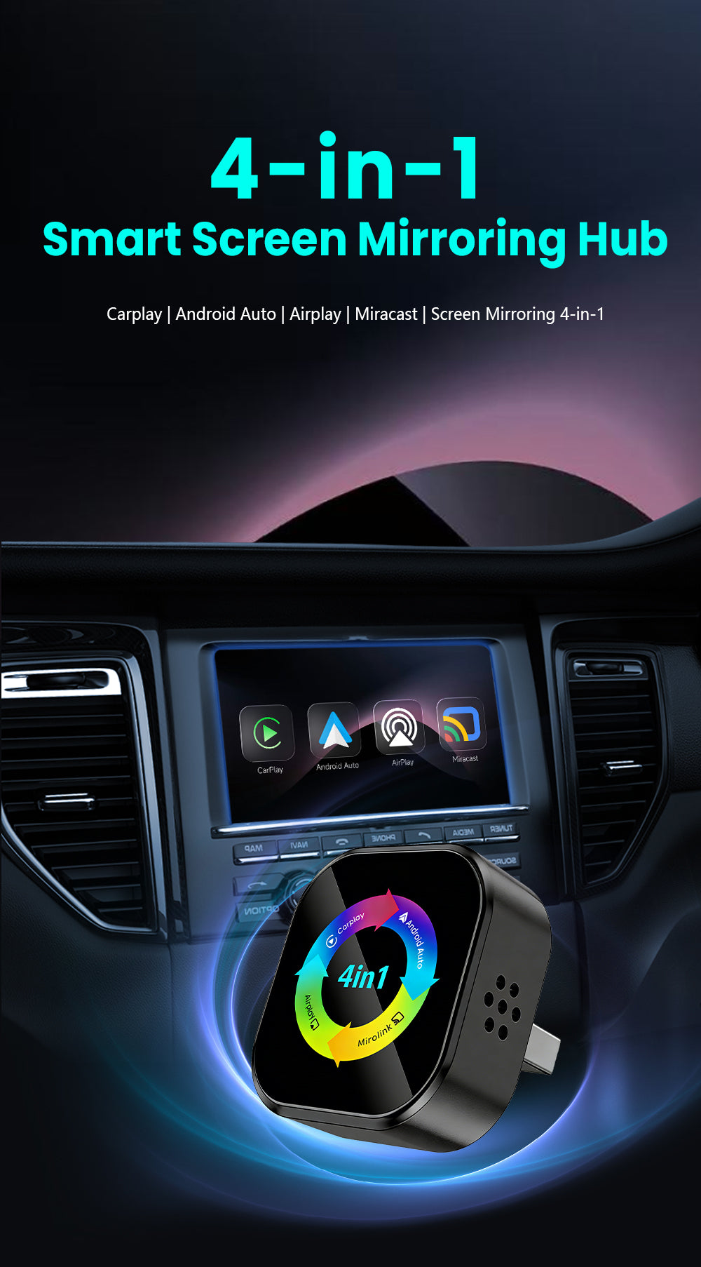 4-in-1wireless CarPlay Dongle, Connects Via CarPlay/Android Auto/Android Mirror/Apple Mirror, Plug and Play, Stable and Reliable