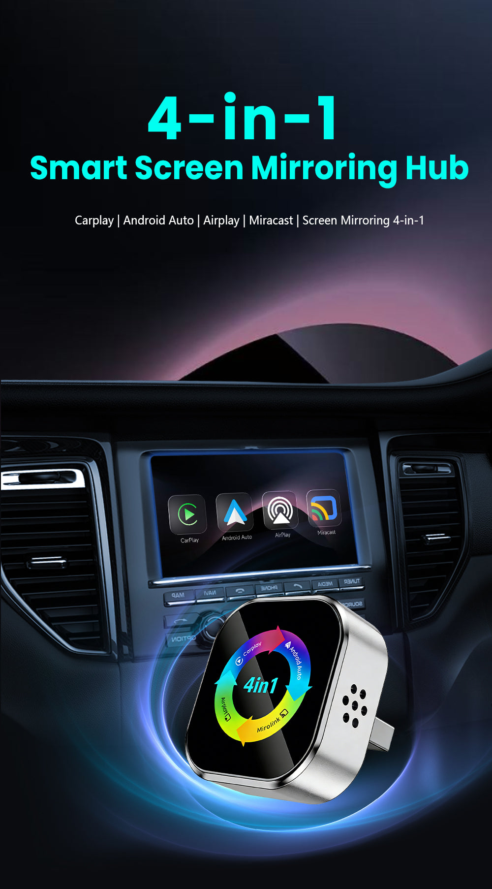 Ultra-stable 4-in-1 CarPlay, Supports Wired CarPlay to Wireless CarPlay/Android Auto/Apple/Android Mirroring