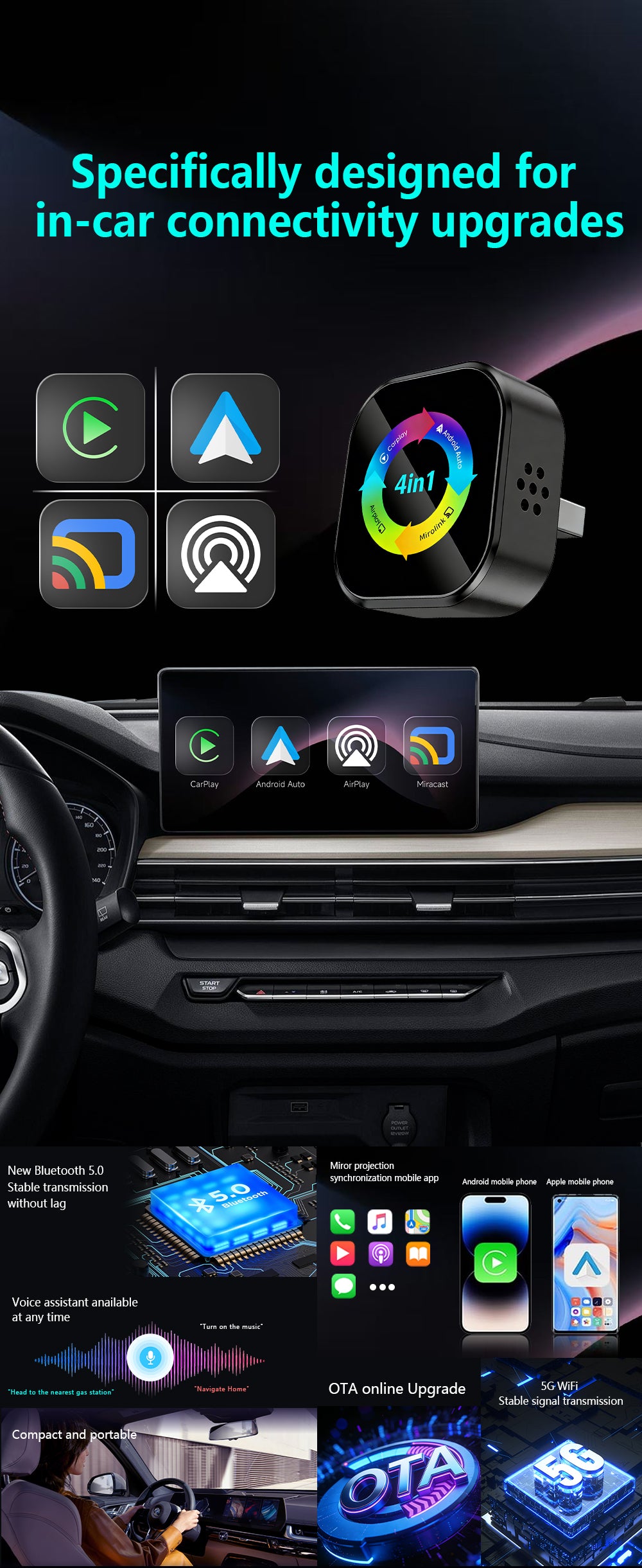 4-in-1wireless CarPlay Dongle, Connects Via CarPlay/Android Auto/Android Mirror/Apple Mirror, Plug and Play, Stable and Reliable
