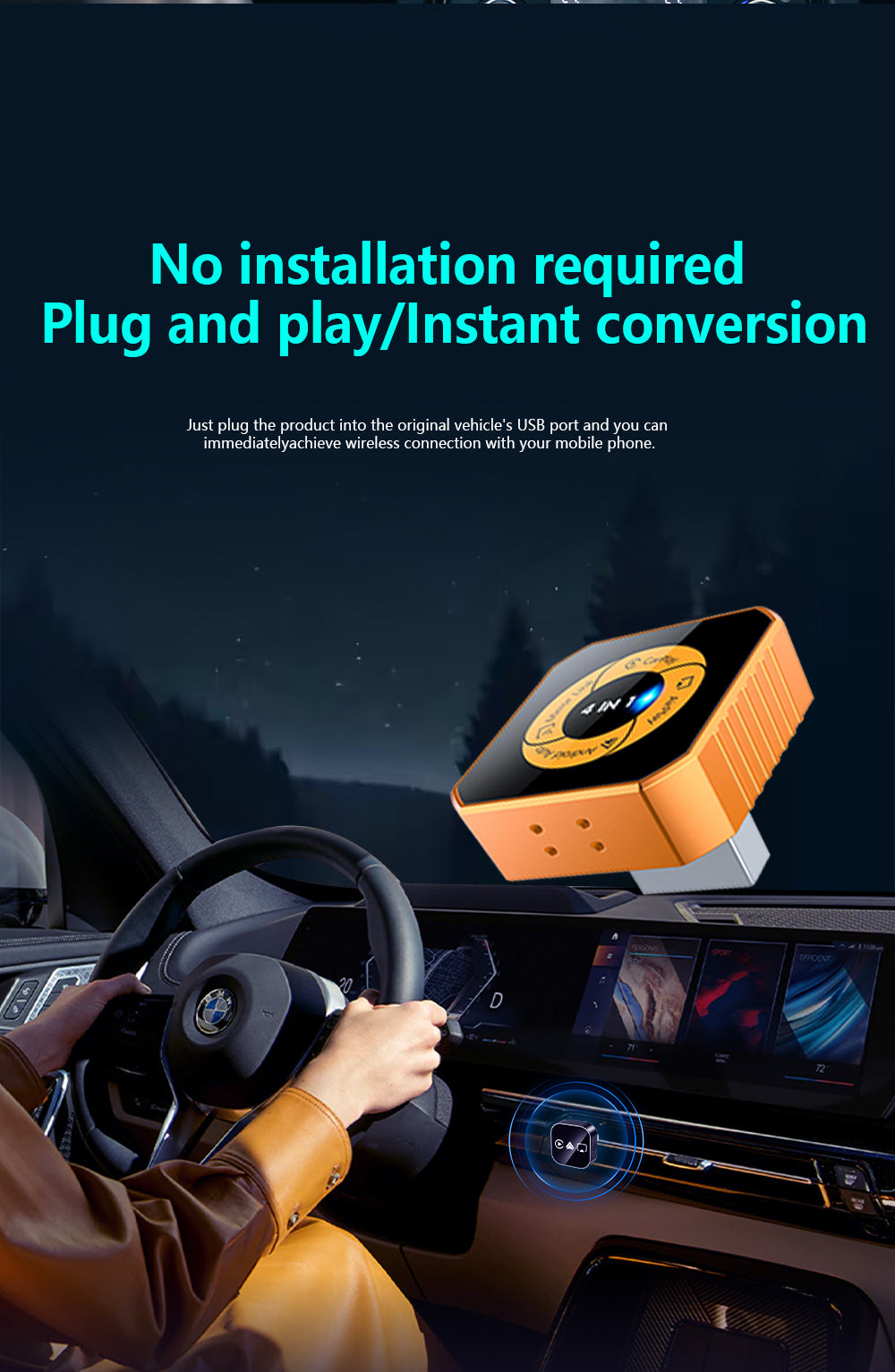 4-in-1 Wireless CarPlay Dongle, Plug and Play, Supports Video Playback Via CarPlay/Android Auto/Android Mirror/Apple Mirror.