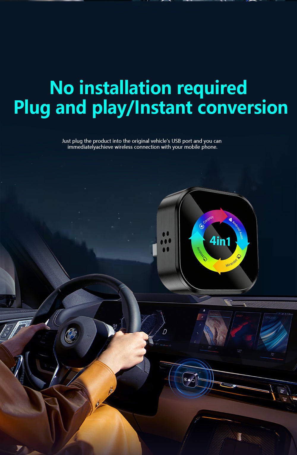 4-in-1wireless CarPlay Dongle, Connects Via CarPlay/Android Auto/Android Mirror/Apple Mirror, Plug and Play, Stable and Reliable