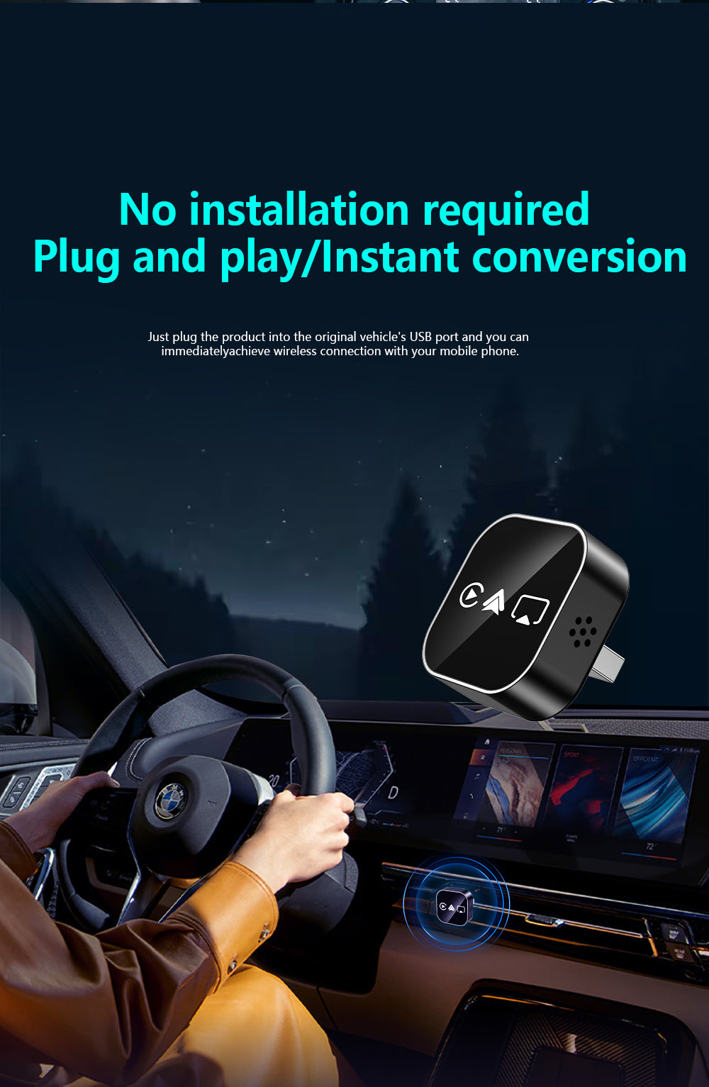 Wireless Carplay Multimedia Adapter4 in 1, Supports CarPlay Android Auto AirPlay Mirror Link Automatic Connection, Plug and Play
