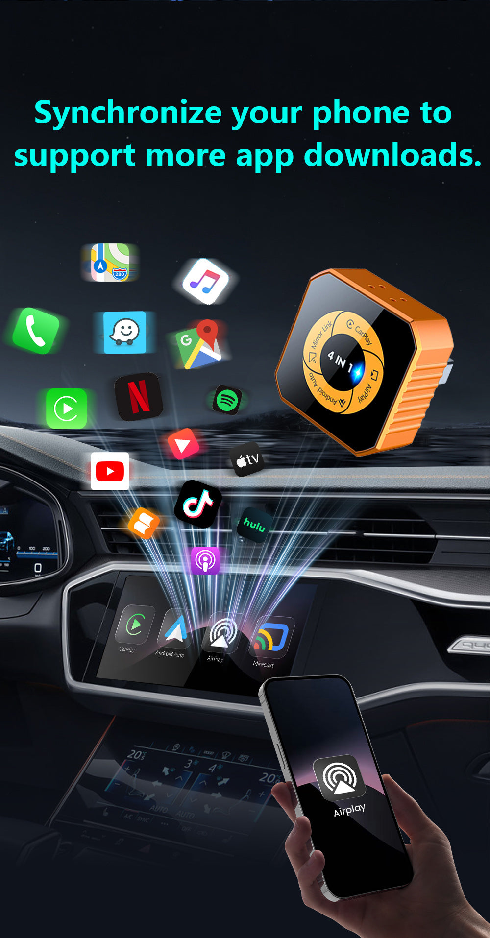 4-in-1 Wireless CarPlay Dongle, Plug and Play, Supports Video Playback Via CarPlay/Android Auto/Android Mirror/Apple Mirror.