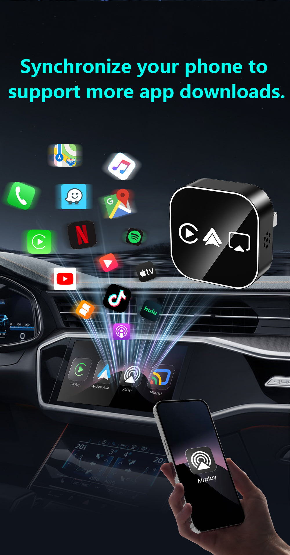 Wireless Carplay Multimedia Adapter4 in 1, Supports CarPlay Android Auto AirPlay Mirror Link Automatic Connection, Plug and Play