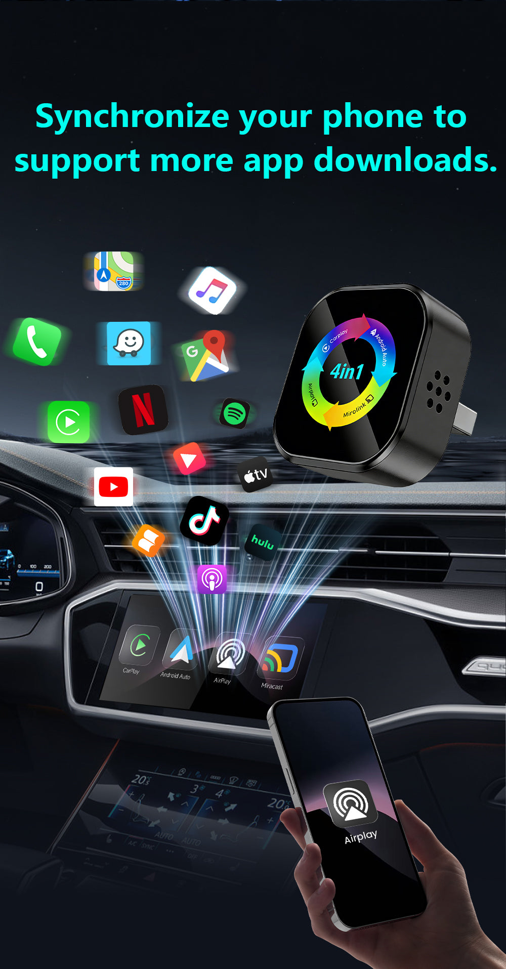 4-in-1wireless CarPlay Dongle, Connects Via CarPlay/Android Auto/Android Mirror/Apple Mirror, Plug and Play, Stable and Reliable