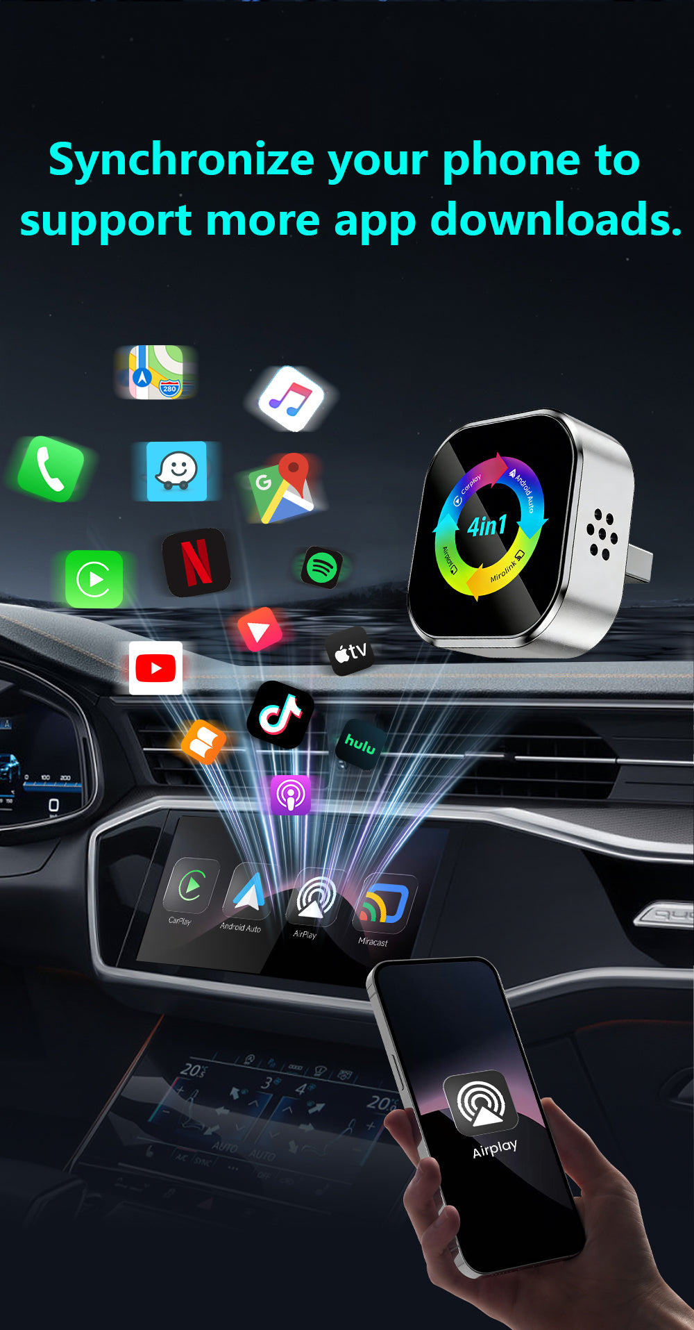 Ultra-stable 4-in-1 CarPlay, Supports Wired CarPlay to Wireless CarPlay/Android Auto/Apple/Android Mirroring