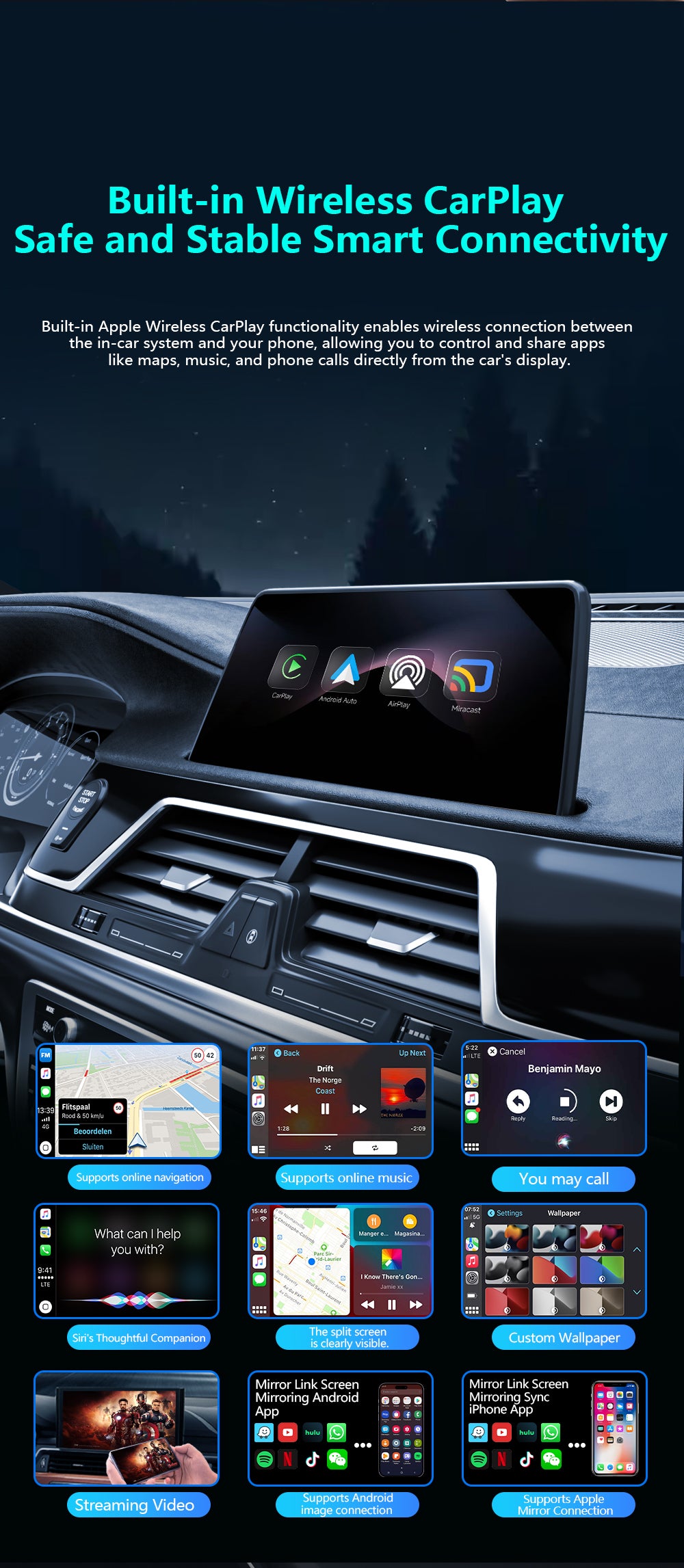 Wireless Carplay Multimedia Adapter4 in 1, Supports CarPlay Android Auto AirPlay Mirror Link Automatic Connection, Plug and Play