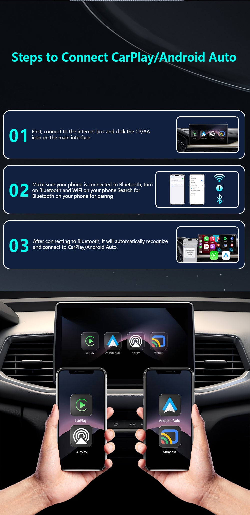 4-in-1 Wireless CarPlay Dongle, Plug and Play, Supports Video Playback Via CarPlay/Android Auto/Android Mirror/Apple Mirror.