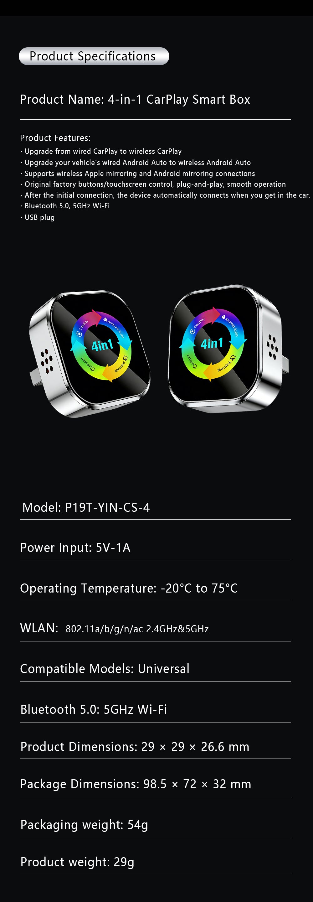Ultra-stable 4-in-1 CarPlay, Supports Wired CarPlay to Wireless CarPlay/Android Auto/Apple/Android Mirroring
