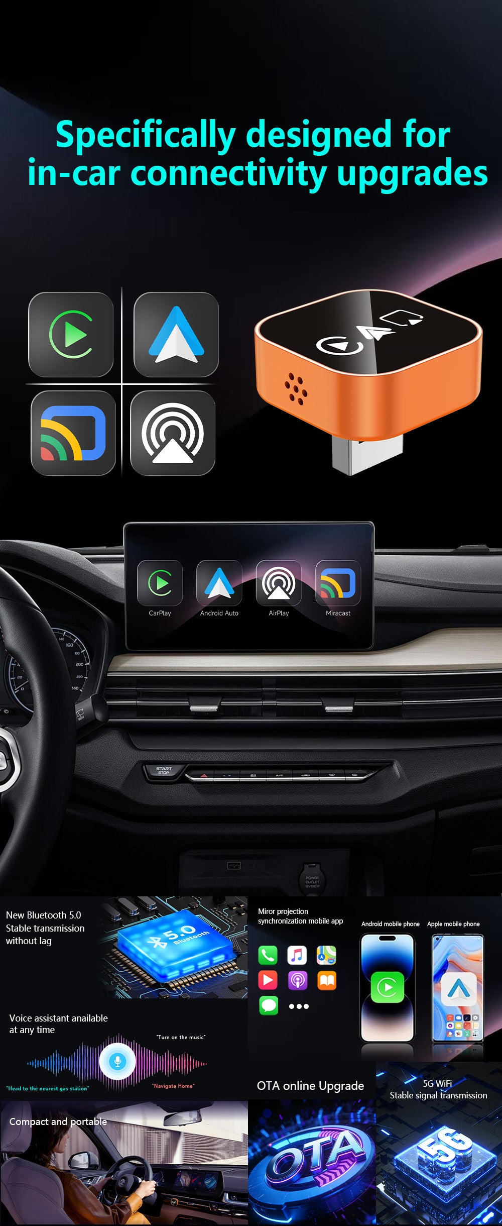 4 in 1 Wireless CarPlay Android Auto Adapter for OEM Wired Cars, USB Plug and Play for iPhone & Android Mirror Connection