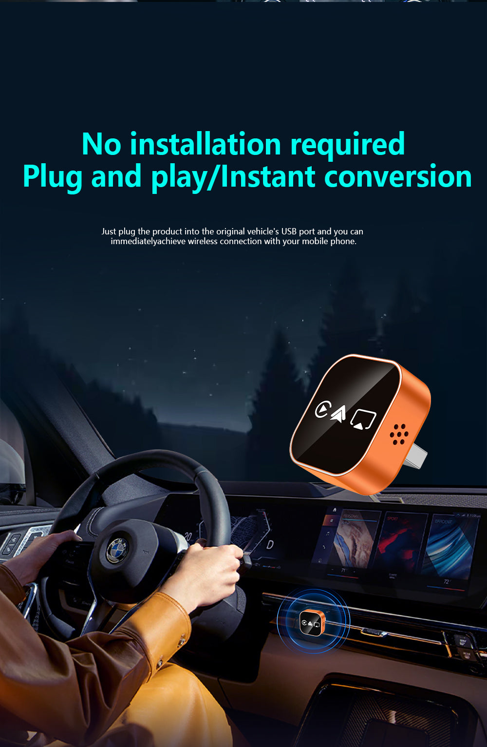 4 in 1 Wireless CarPlay Android Auto Adapter for OEM Wired Cars, USB Plug and Play for iPhone & Android Mirror Connection