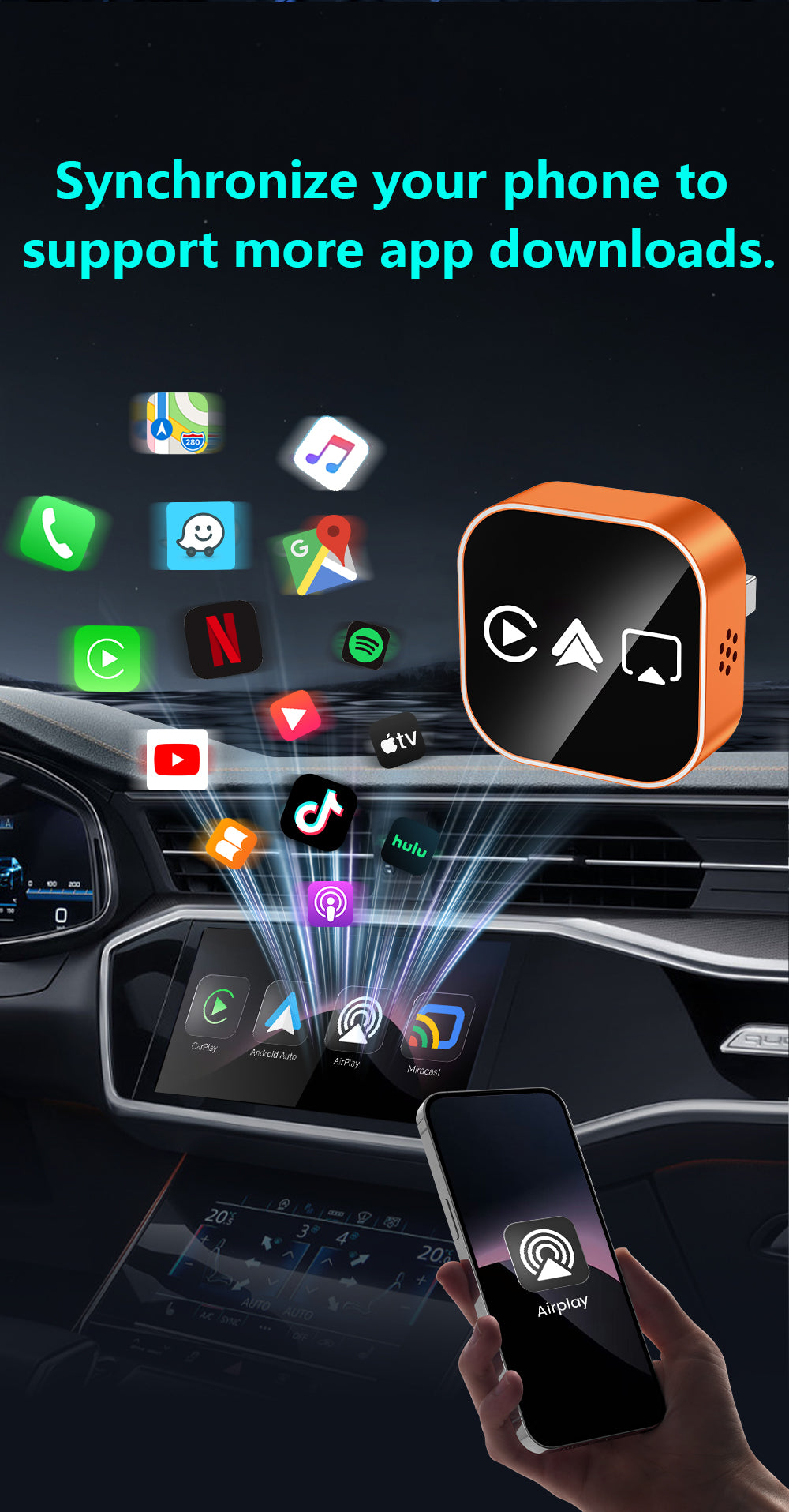 4 in 1 Wireless CarPlay Android Auto Adapter for OEM Wired Cars, USB Plug and Play for iPhone & Android Mirror Connection