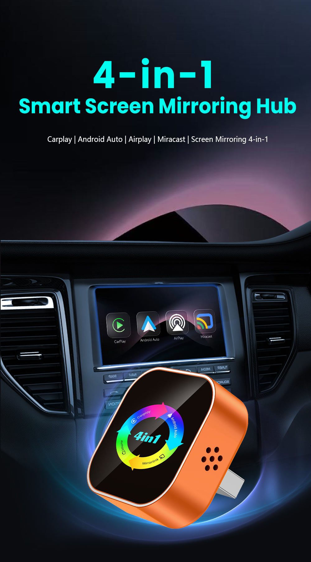 NEW 4-in-1 Wireless CarPlay Dongle Is Plug-and-play, Stable, and Connects Via CarPlay/Android Auto/Android Mirror/Apple Mirror.