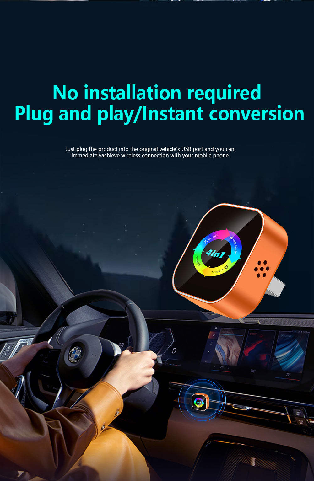 NEW 4-in-1 Wireless CarPlay Dongle Is Plug-and-play, Stable, and Connects Via CarPlay/Android Auto/Android Mirror/Apple Mirror.
