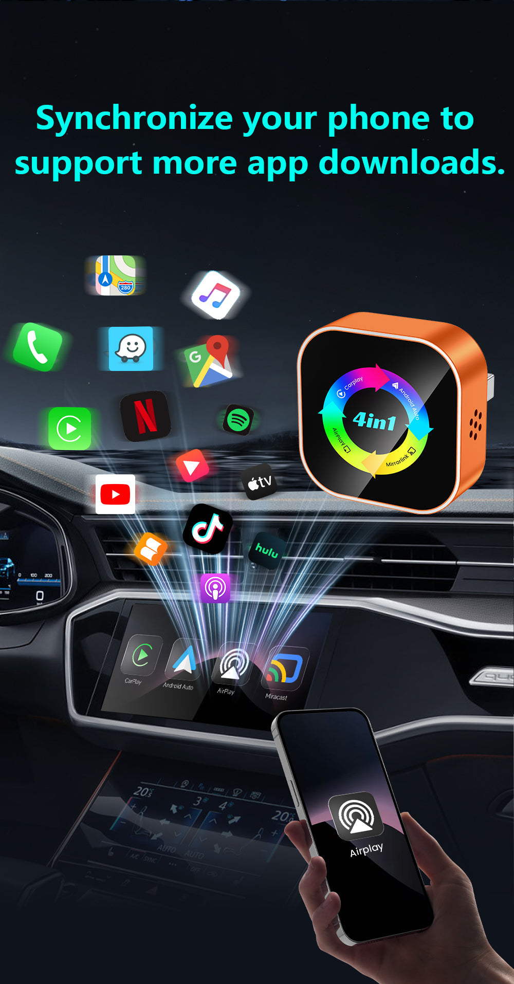 NEW 4-in-1 Wireless CarPlay Dongle Is Plug-and-play, Stable, and Connects Via CarPlay/Android Auto/Android Mirror/Apple Mirror.