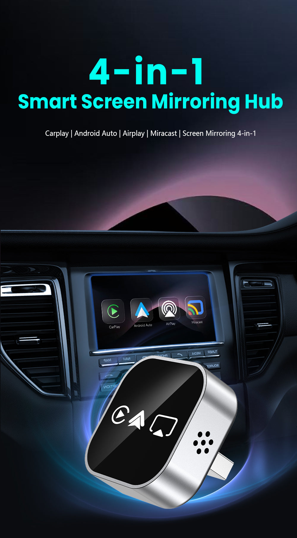 Ultra-stable 4-in-1 CarPlay, Supports Wired CarPlay to Wireless CarPlay/Android Auto/Apple/Android Mirroring
