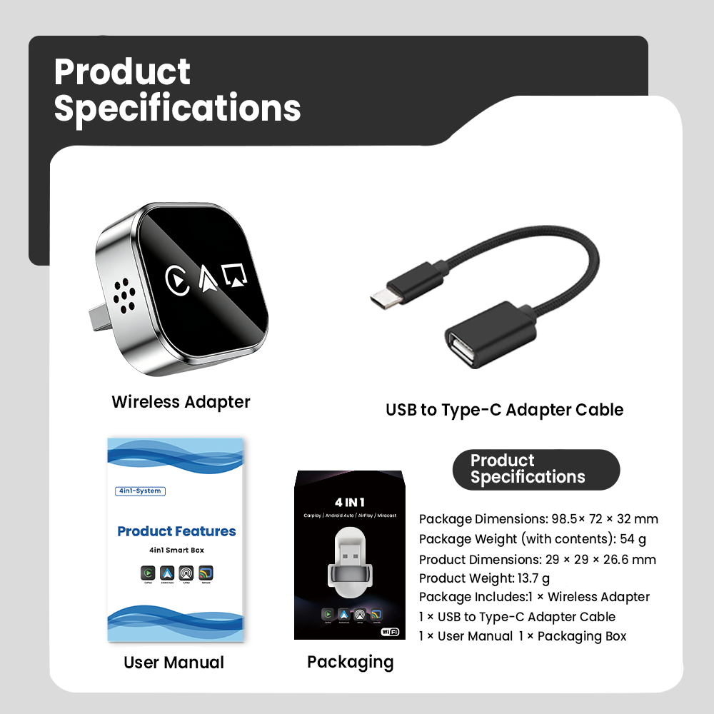 Ultra-stable 4-in-1 CarPlay, Supports Wired CarPlay to Wireless CarPlay/Android Auto/Apple/Android Mirroring