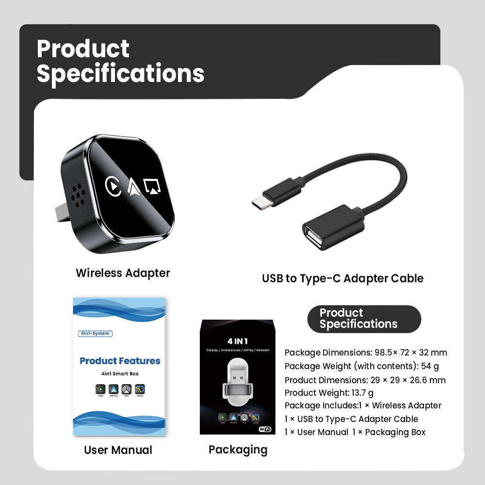 Wireless Carplay Multimedia Adapter4 in 1, Supports CarPlay Android Auto AirPlay Mirror Link Automatic Connection, Plug and Play