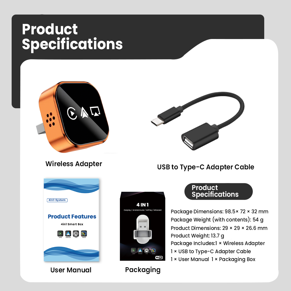 4 in 1 Wireless CarPlay Android Auto Adapter for OEM Wired Cars, USB Plug and Play for iPhone & Android Mirror Connection