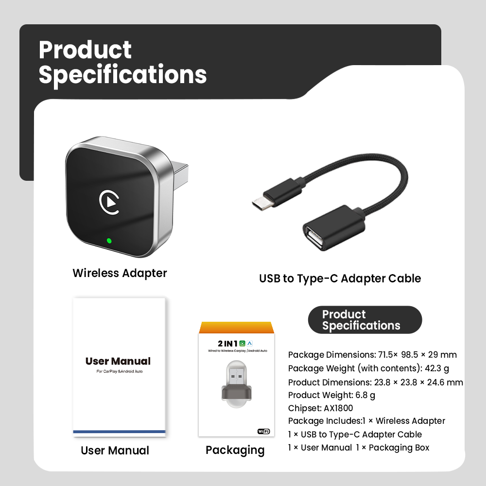 Original Car Wired CarPlay to Wireless CarPlay 2-in-1 Adapter, Supports Apple and Android Connectivity, CarPlay Box