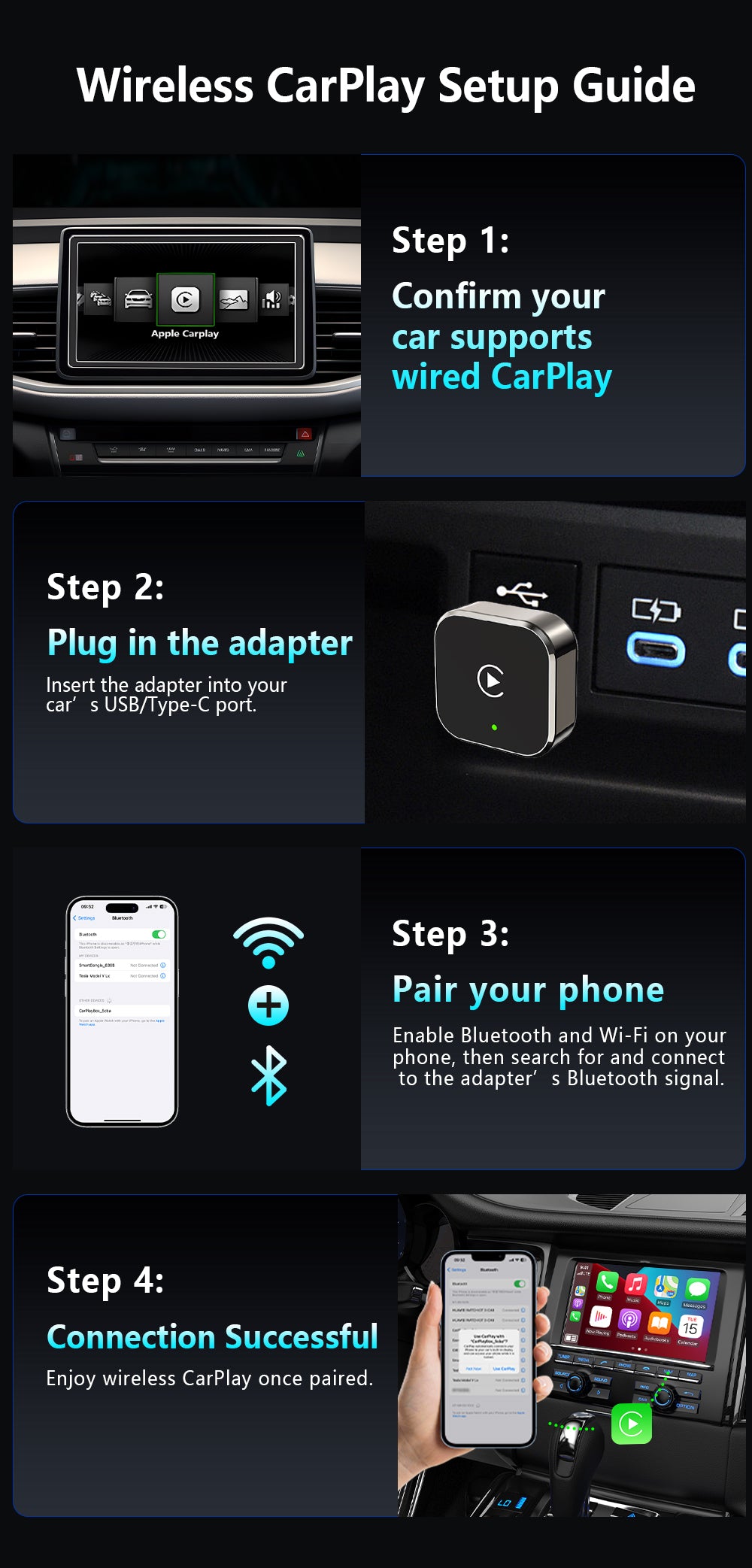 Wireless CarPlay Adapter, Supports Wired to Wireless Conversion for Android Auto and Apple Connectivity