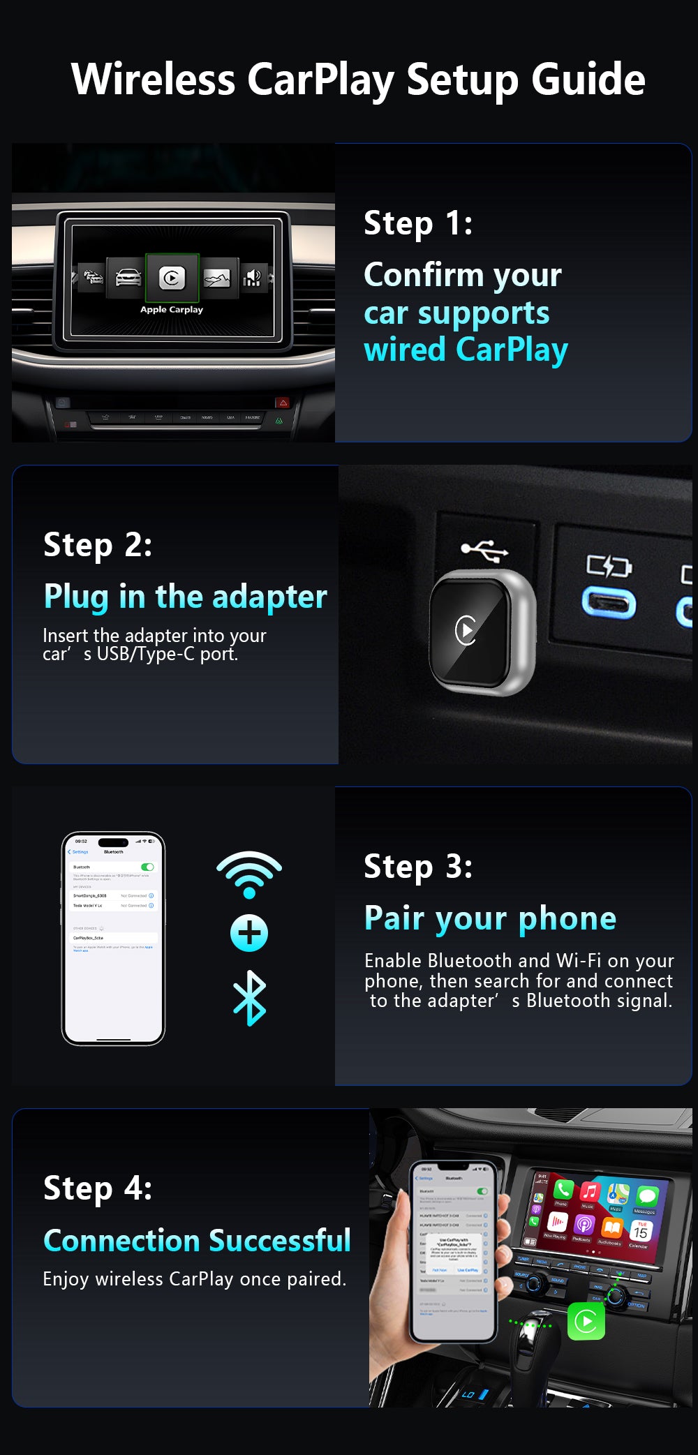 Universal 2-in-1 Wireless CarPlay Adapter - Plug and Play Automatic Connection for Factory Wired CarPlay Cars