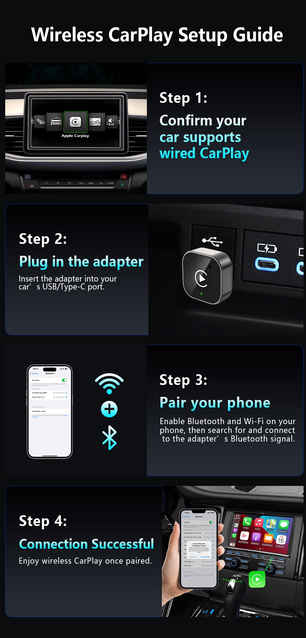 2-in-1 Wireless CarPlay Adapter for Cars - Plug and Play Automatic Connection USB Dongle, Convert Wired to Wireless
