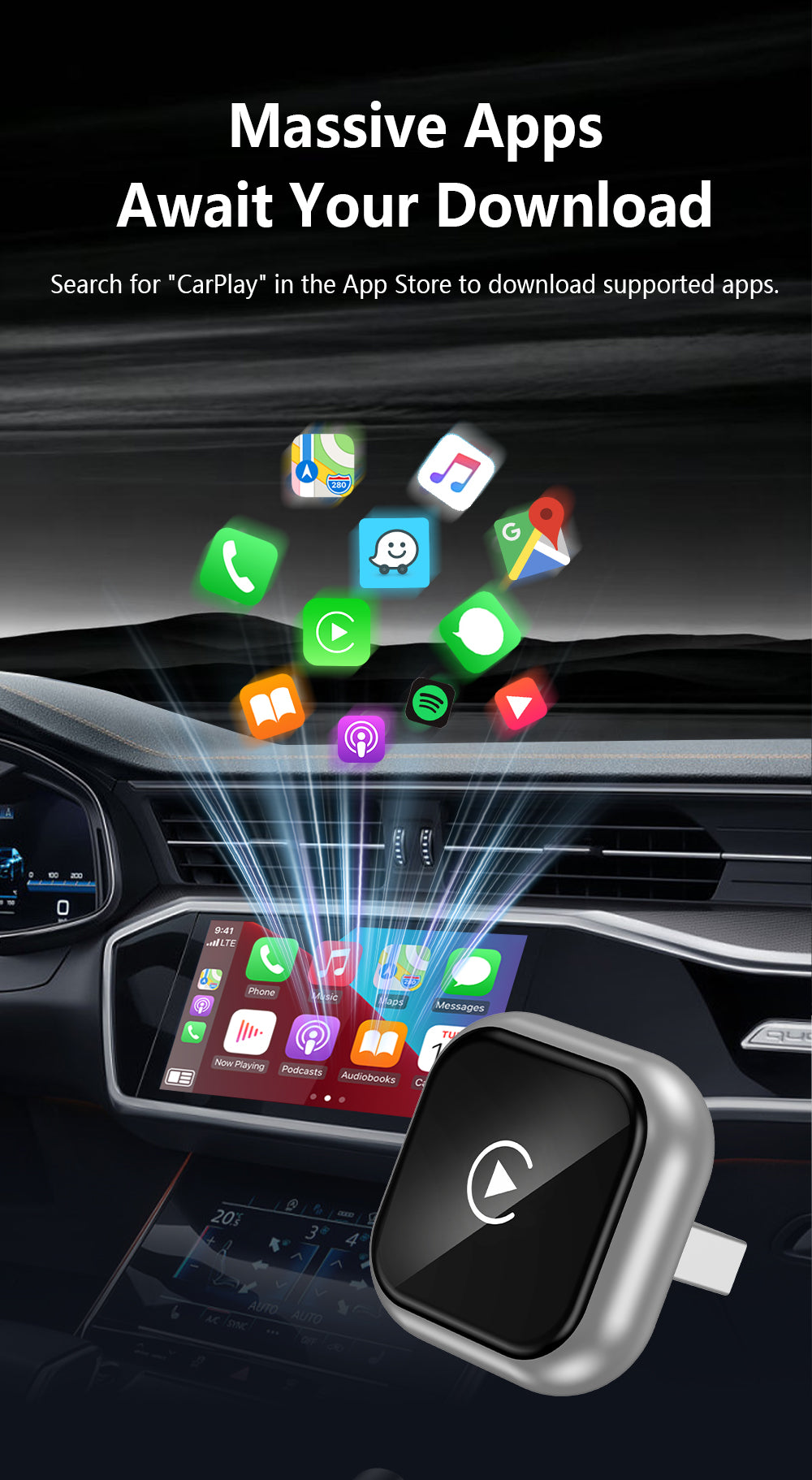 Universal 2-in-1 Wireless CarPlay Adapter - Plug and Play Automatic Connection for Factory Wired CarPlay Cars
