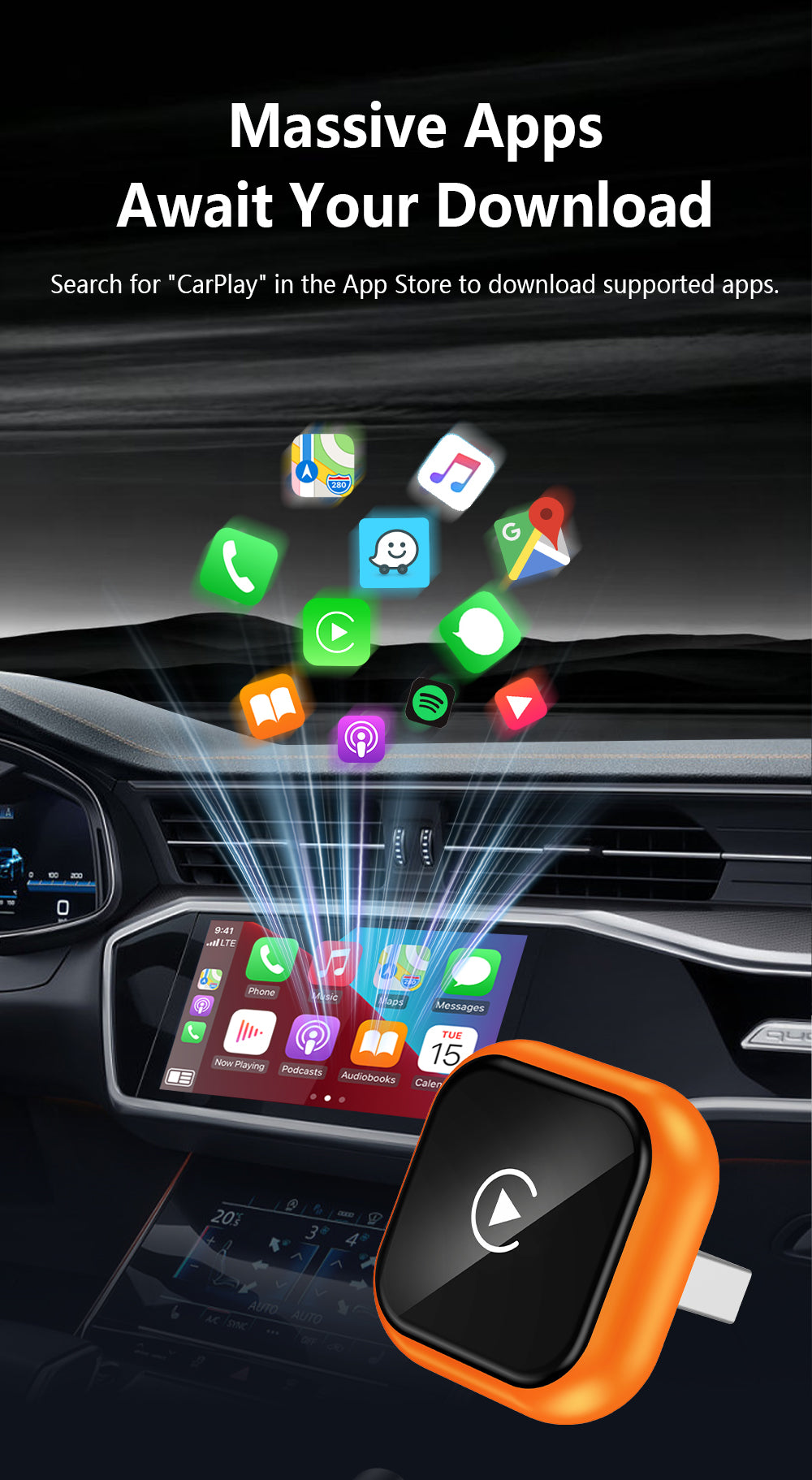 Wireless Carplay Adapter for iPhone Latest Upgrade,  Wired to Wireless for Apple Car Play Plug & Play, Zero-Lag Auto-Connect GPS