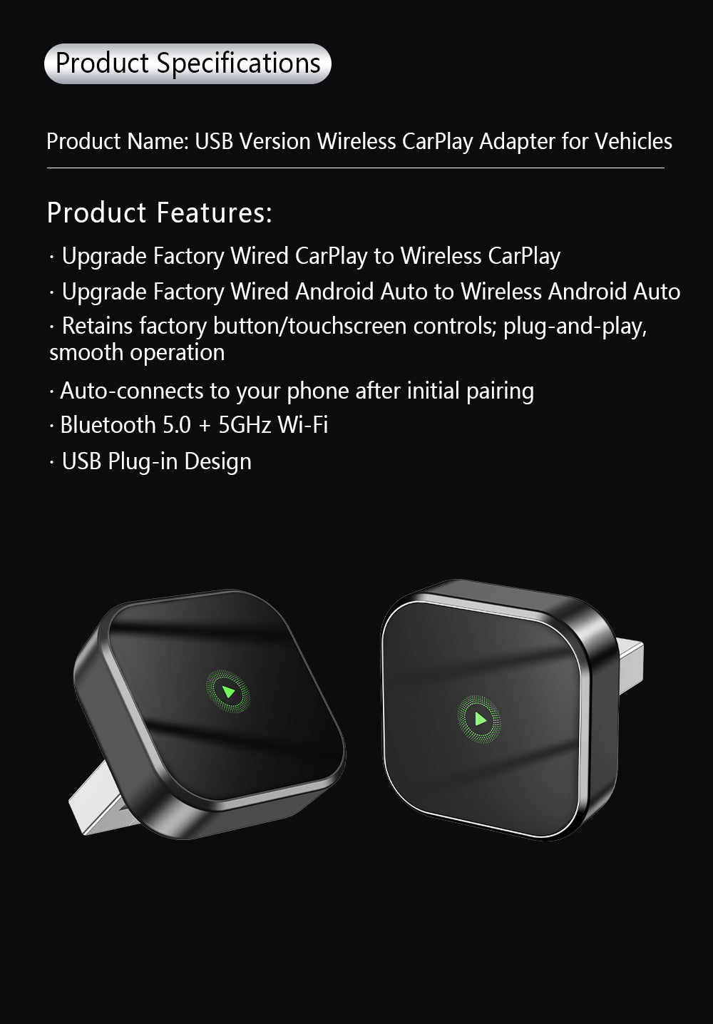2-in-1 Wireless CarPlay & Android Auto Adapter Automatic Connection Plug and Play USB Dongle