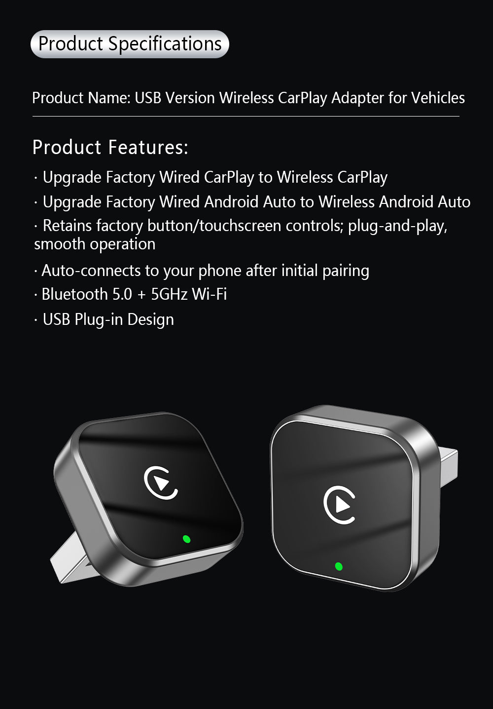 Wireless CarPlay (Apple/Android 2-in-1) Supports Phone Calls, Navigation, and Music Playback