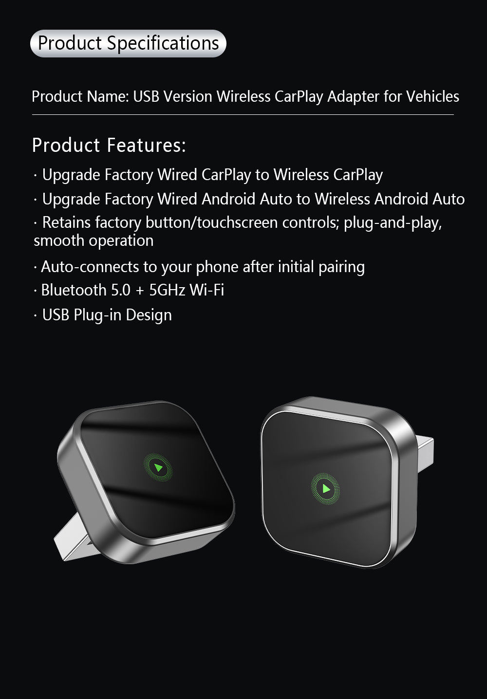 2-in-1 Wireless CarPlay & Android Auto Adapter - Automatic Connection Plug and Play USB Dongle