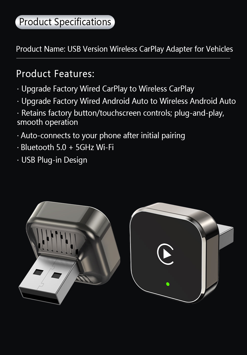 Wireless CarPlay Adapter, Supports Wired to Wireless Conversion for Android Auto and Apple Connectivity