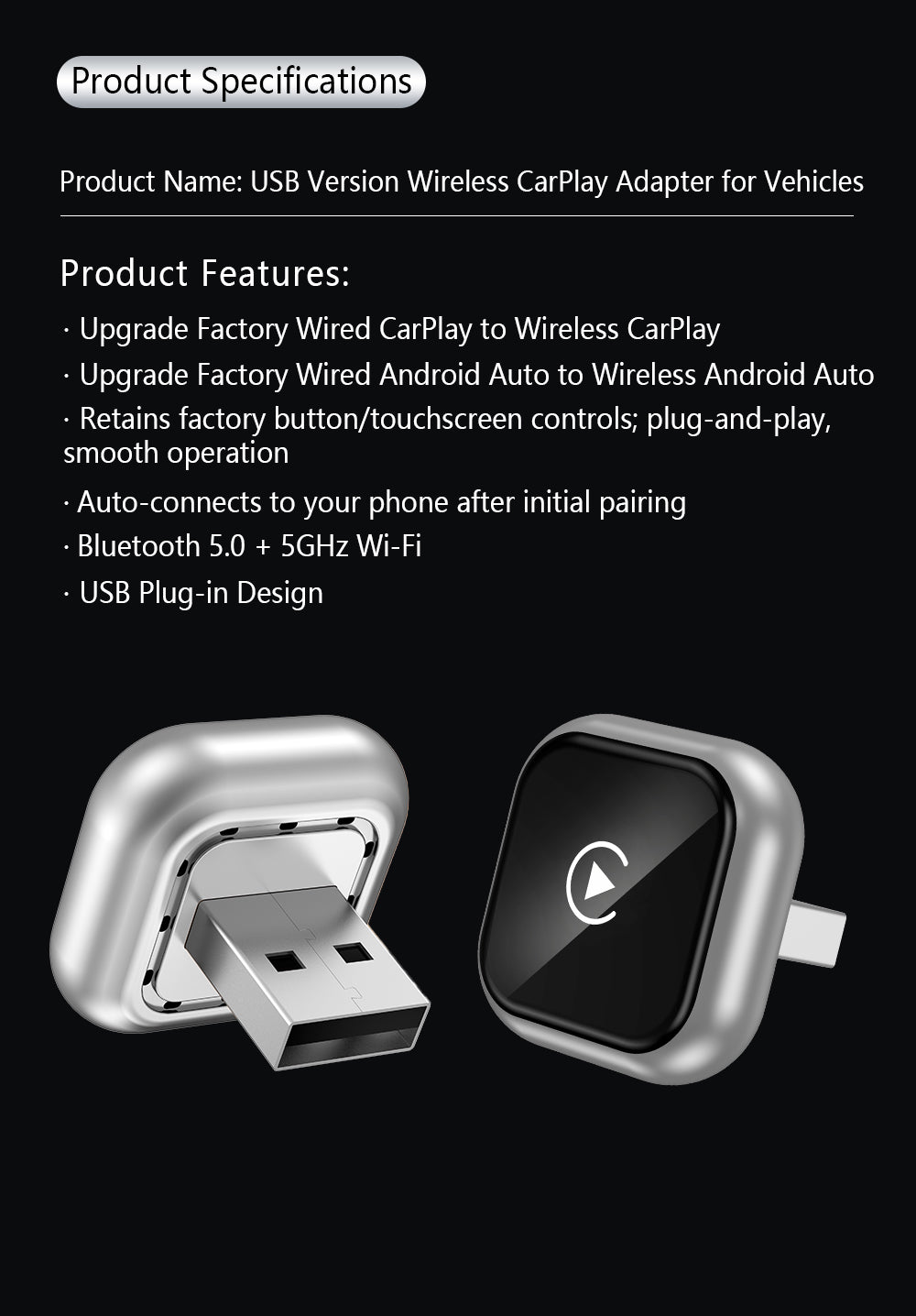 Universal 2-in-1 Wireless CarPlay Adapter - Plug and Play Automatic Connection for Factory Wired CarPlay Cars