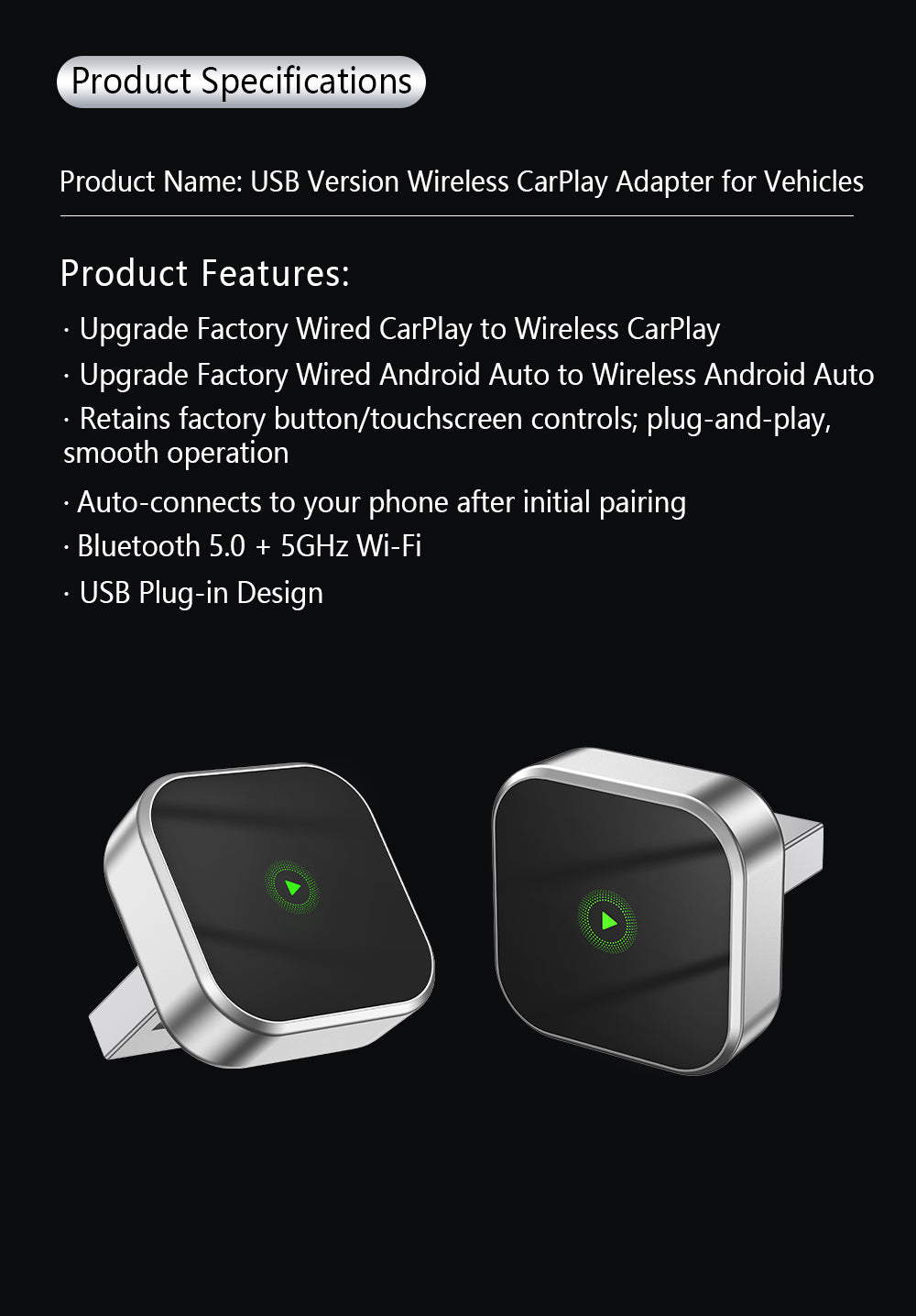Automatic Connection Wireless CarPlay Adapter 2 in 1 Plug and Play Smart Box for Cars