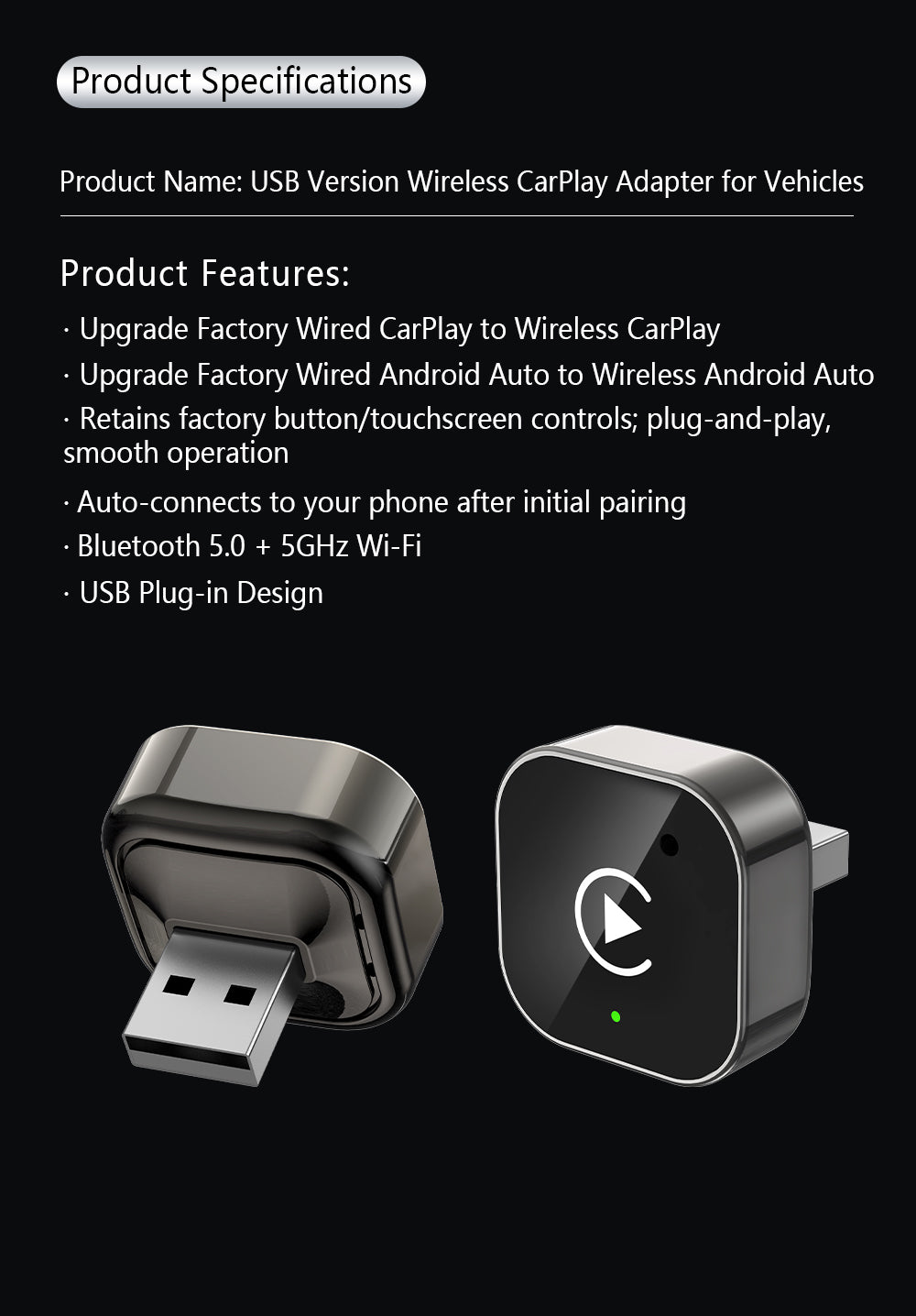 2-in-1 Wireless CarPlay Adapter for Cars - Plug and Play Automatic Connection USB Dongle, Convert Wired to Wireless