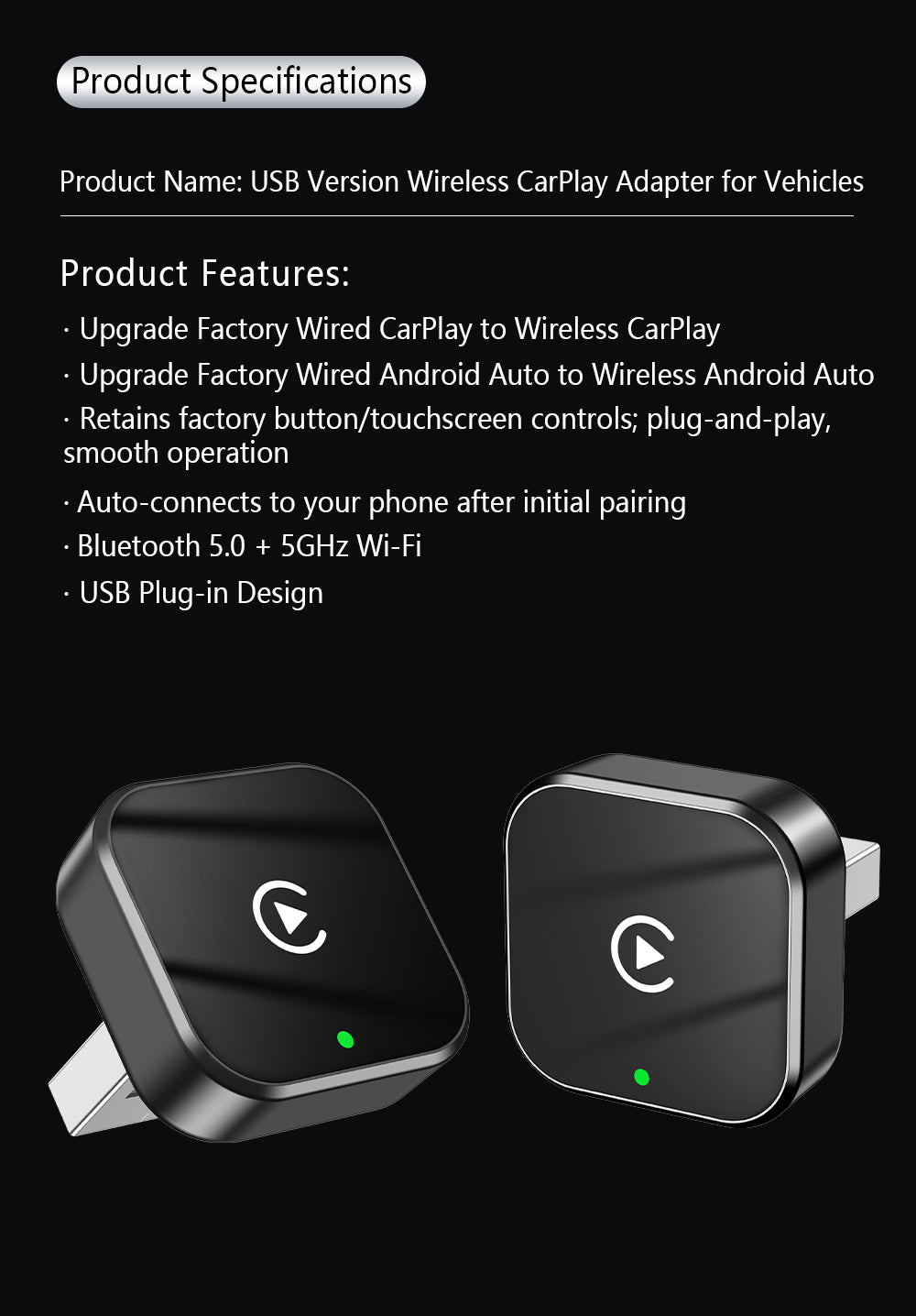 Wireless CarPlay Vehicle Android Auto Car Play Adaptor Mini USB Car Play Dongle for Apple Carplay Wireless Adapter