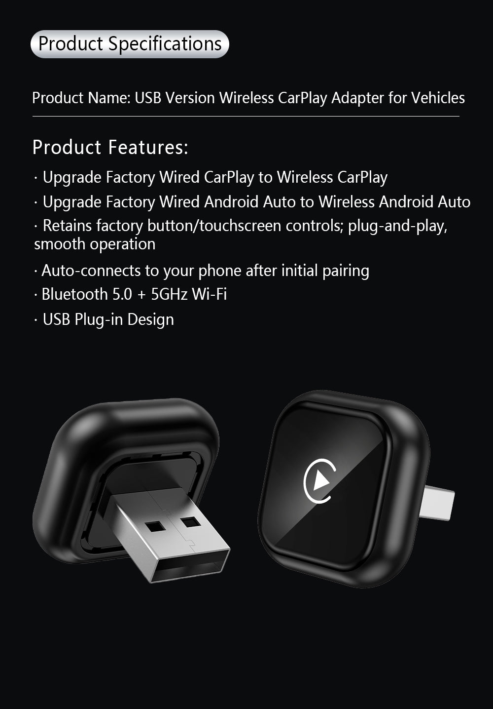 Wireless CarPlay Adapter - Fast Auto-Connect, Stable Connection,   CarPlay Adapter for iPhone & Android Auto Compatible Cars