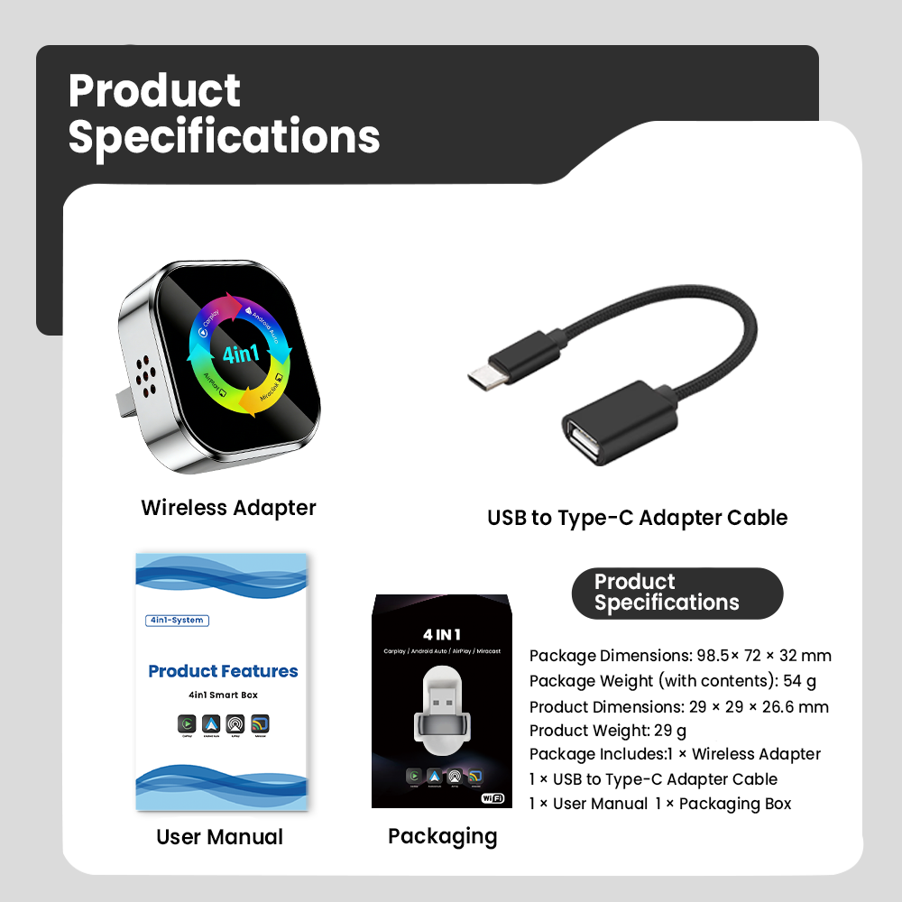 Ultra-stable 4-in-1 CarPlay, Supports Wired CarPlay to Wireless CarPlay/Android Auto/Apple/Android Mirroring