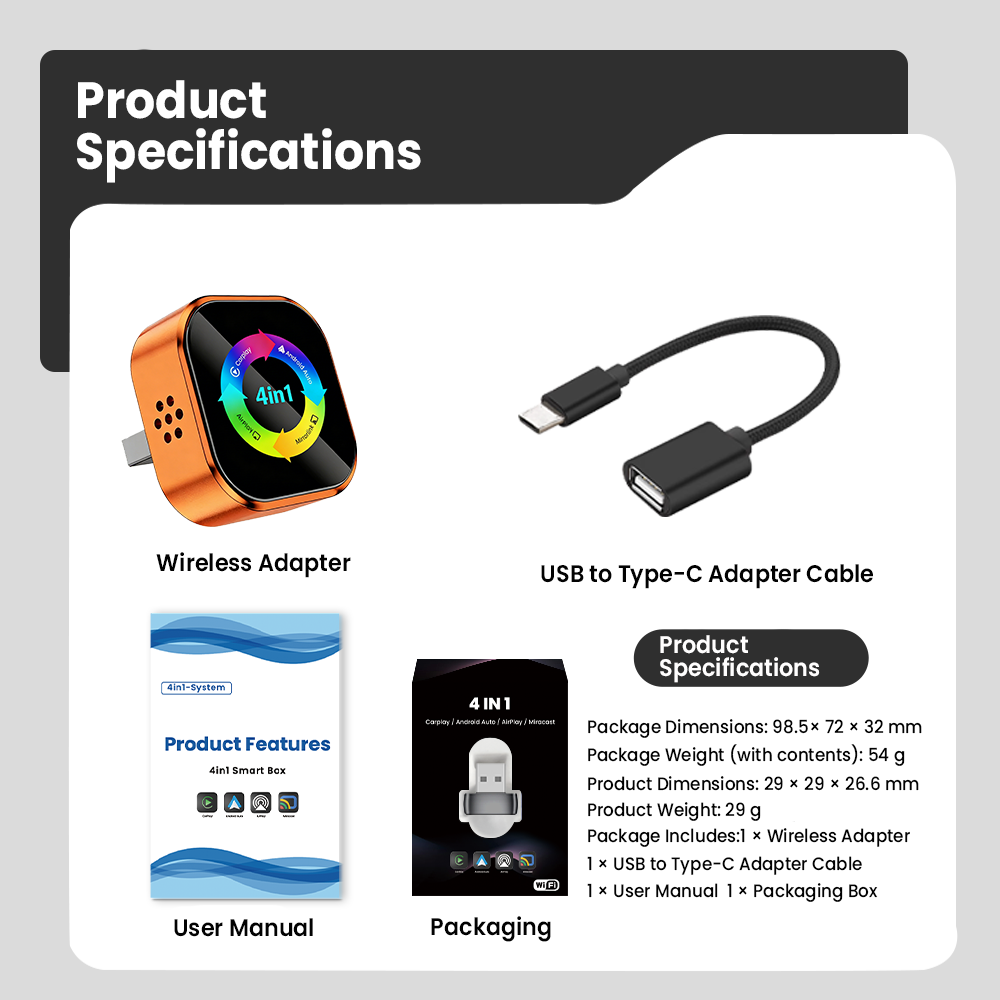 NEW 4-in-1 Wireless CarPlay Dongle Is Plug-and-play, Stable, and Connects Via CarPlay/Android Auto/Android Mirror/Apple Mirror.